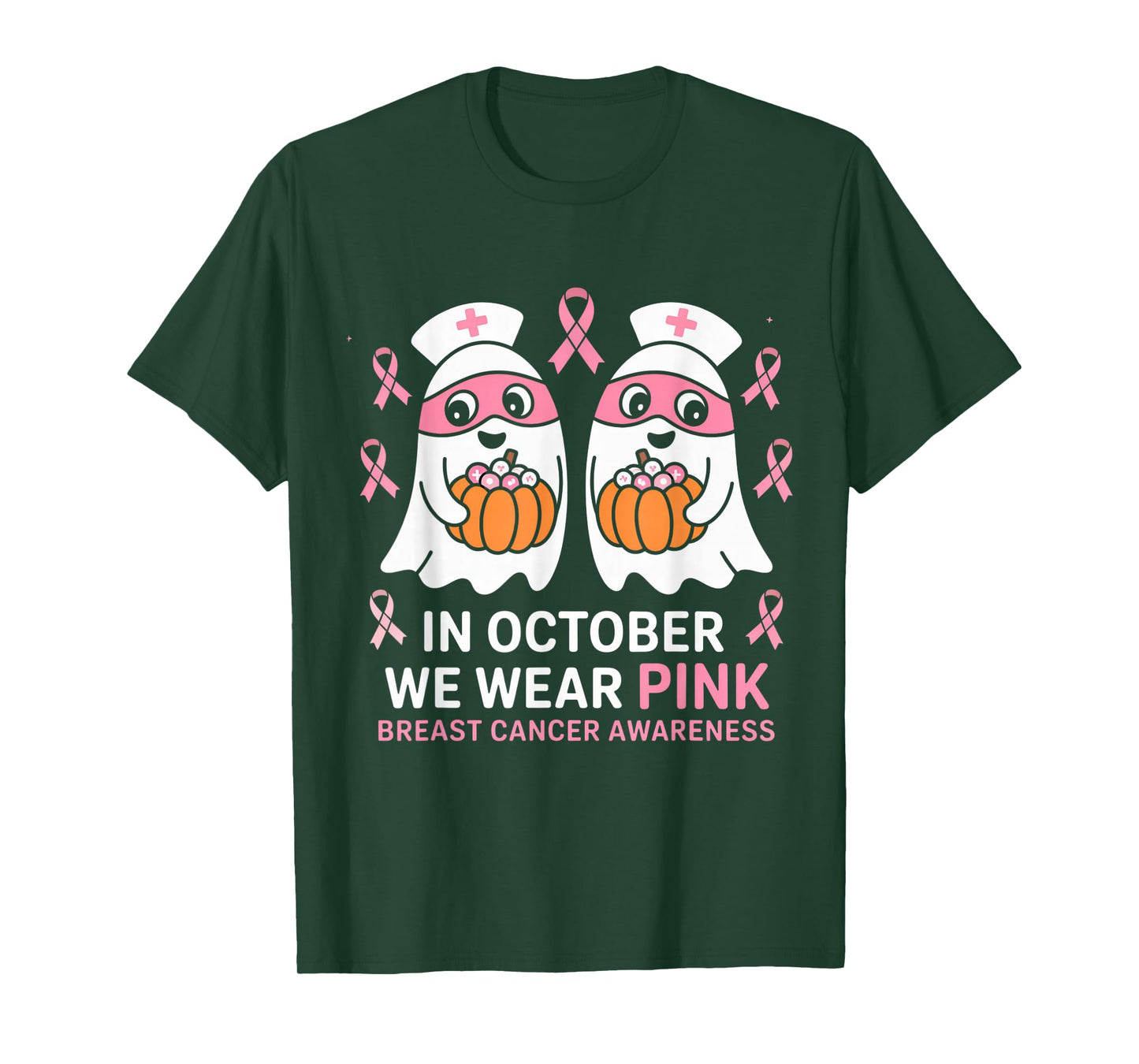 in October We Wear Pink Ghost Witch Breast Cancer Awareness T-Shirt