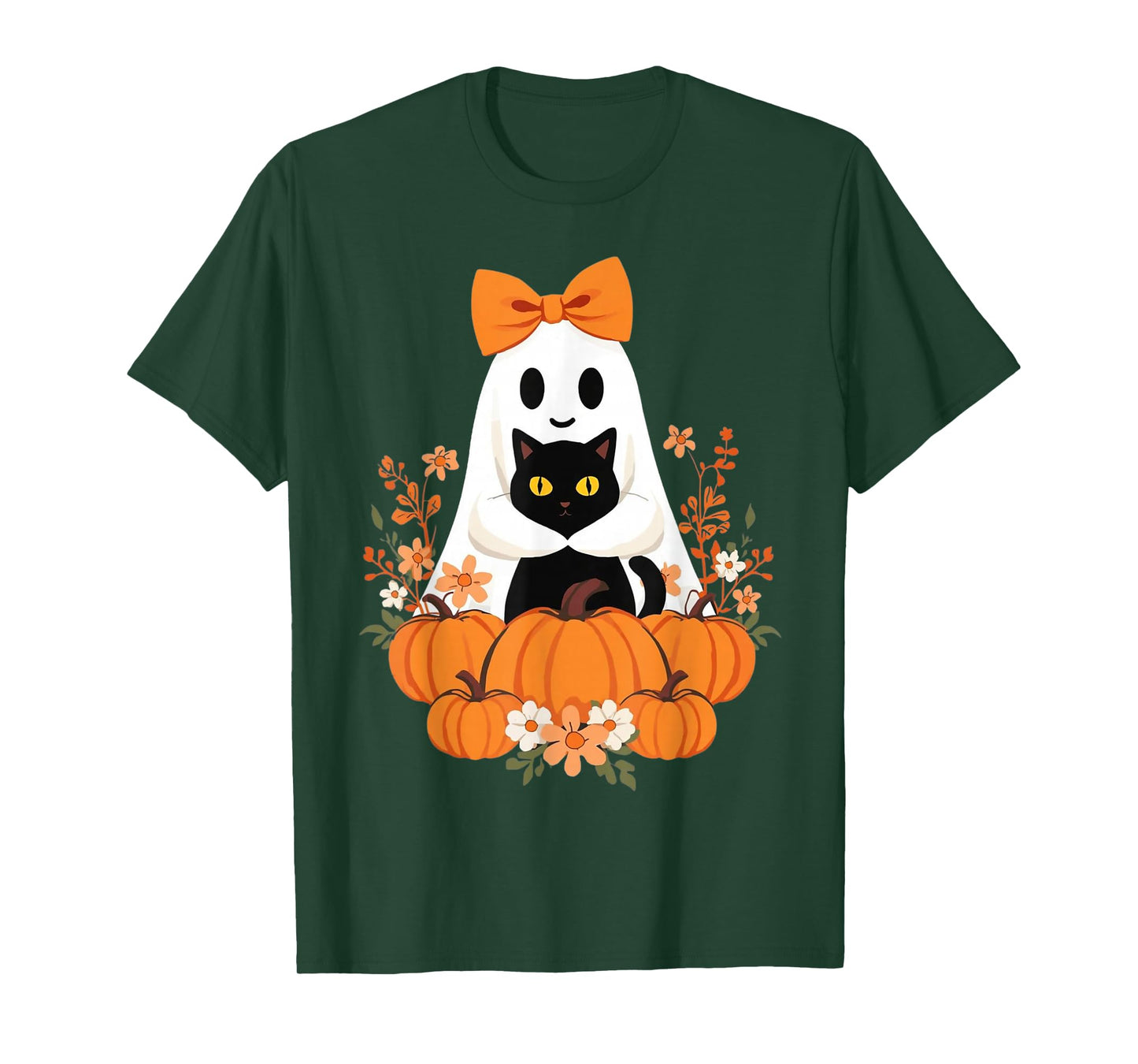 Vintage Halloween Ghost Holding Cat Groovy Floral Cat Meme T-Shirt