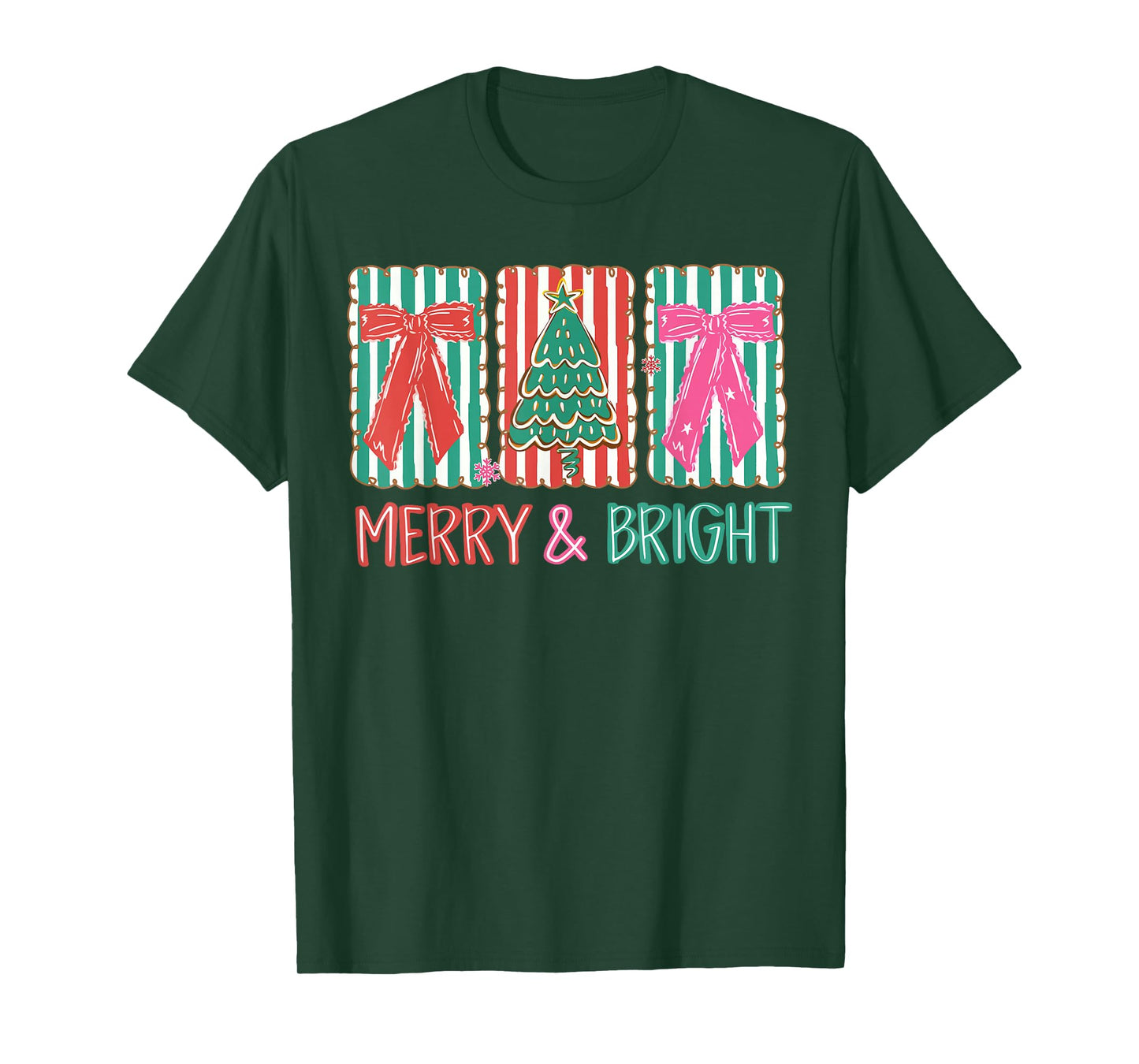 Merry & Bright Christmas Xmas Tree Coquette Bow Holiday T-Shirt