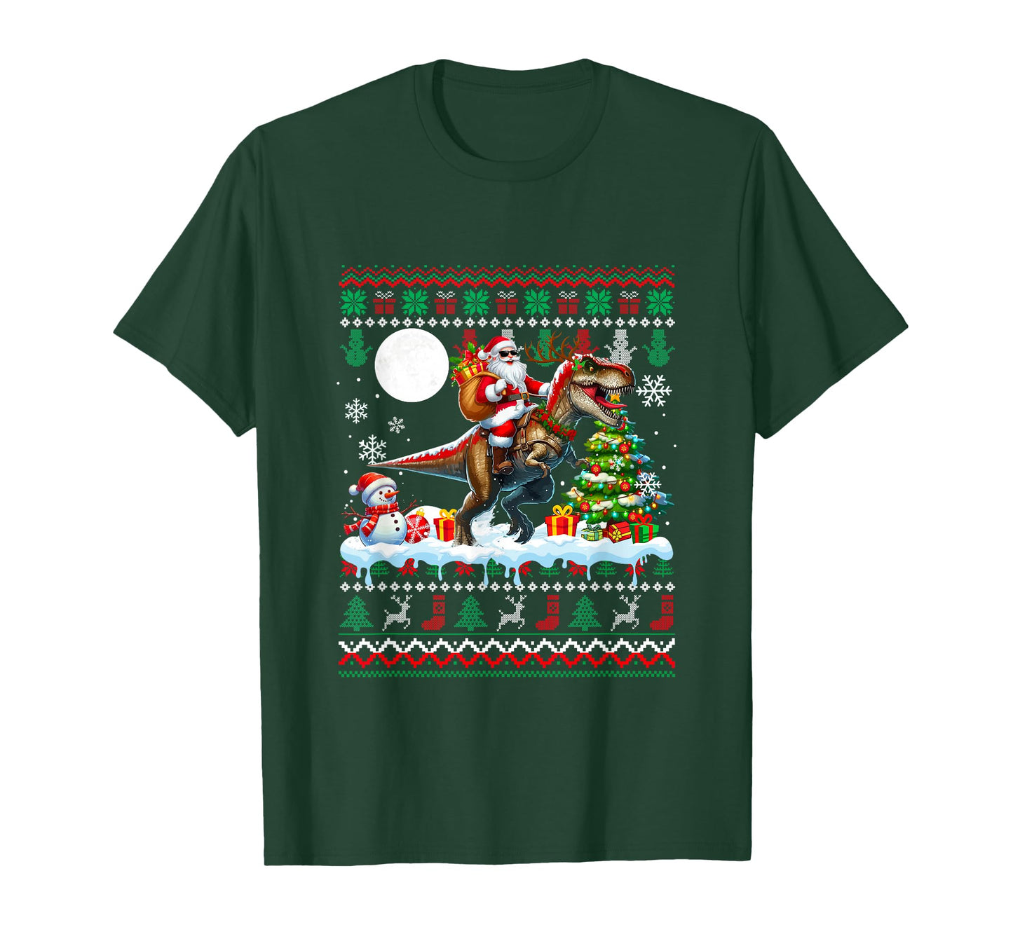Santa Sunglasses Riding T-Rex Christmas Sweater Snowman T-Shirt