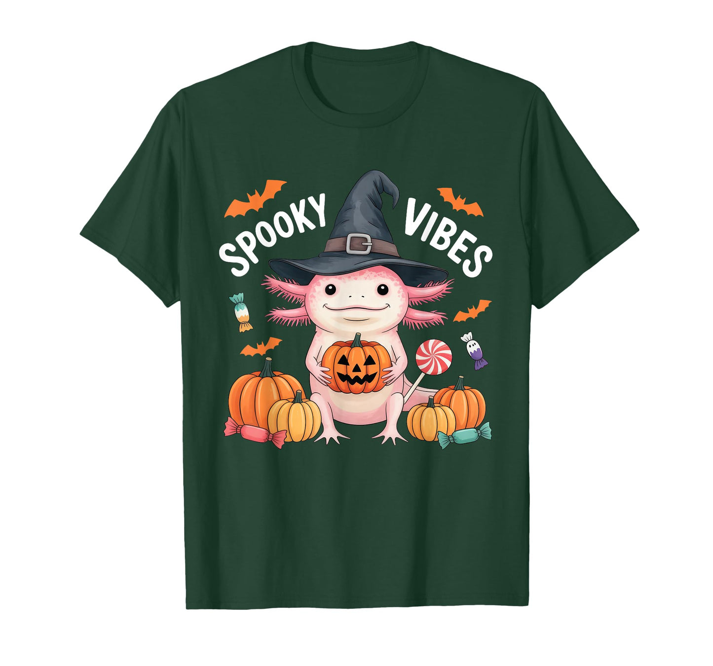 Spooky Axolotl Witch Hat Pumpkin Candy Cute Halloween Vibes T-Shirt
