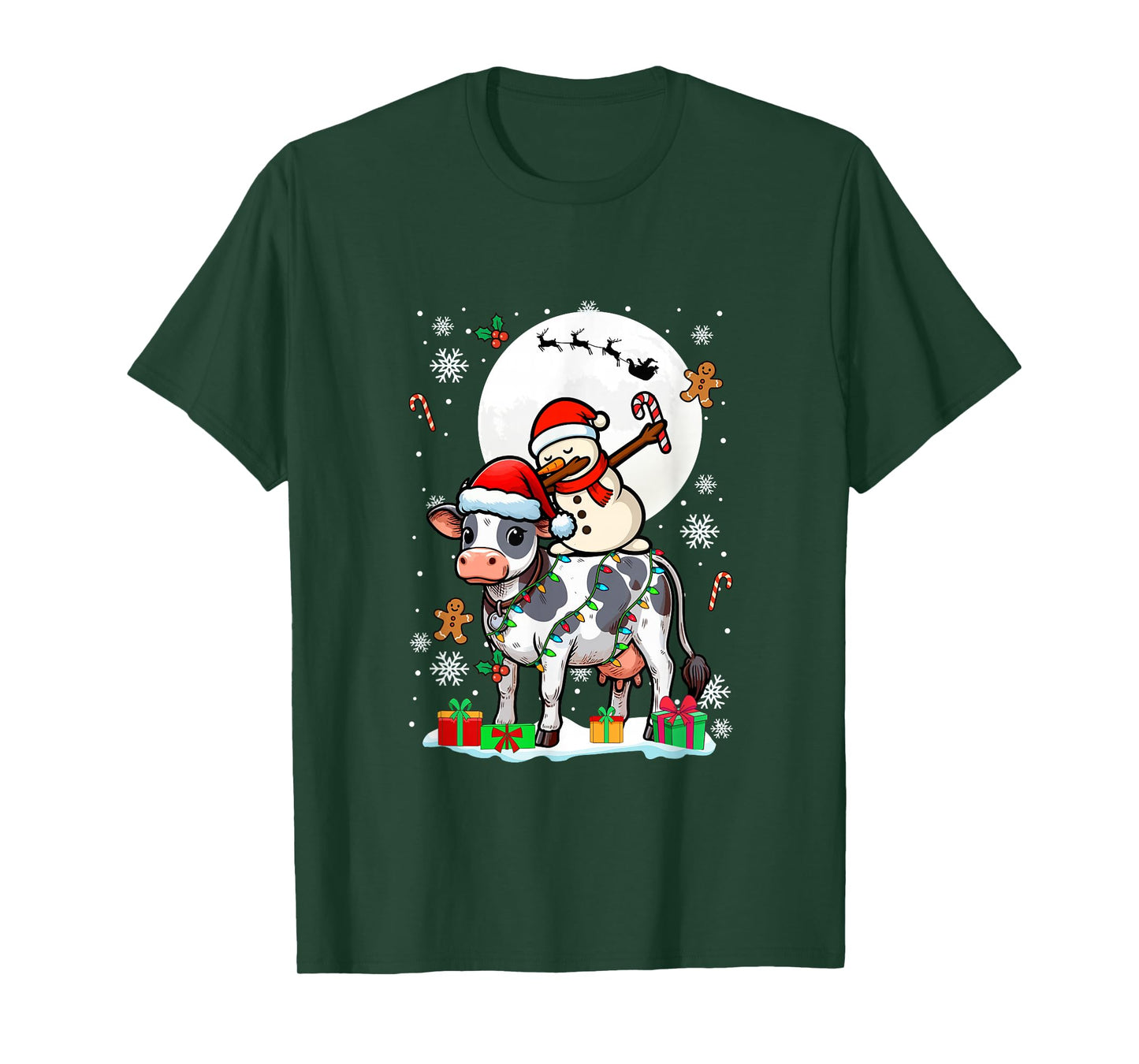 Dabbing Snowman On Cow Christmas Santa Colorful Lights T-Shirt