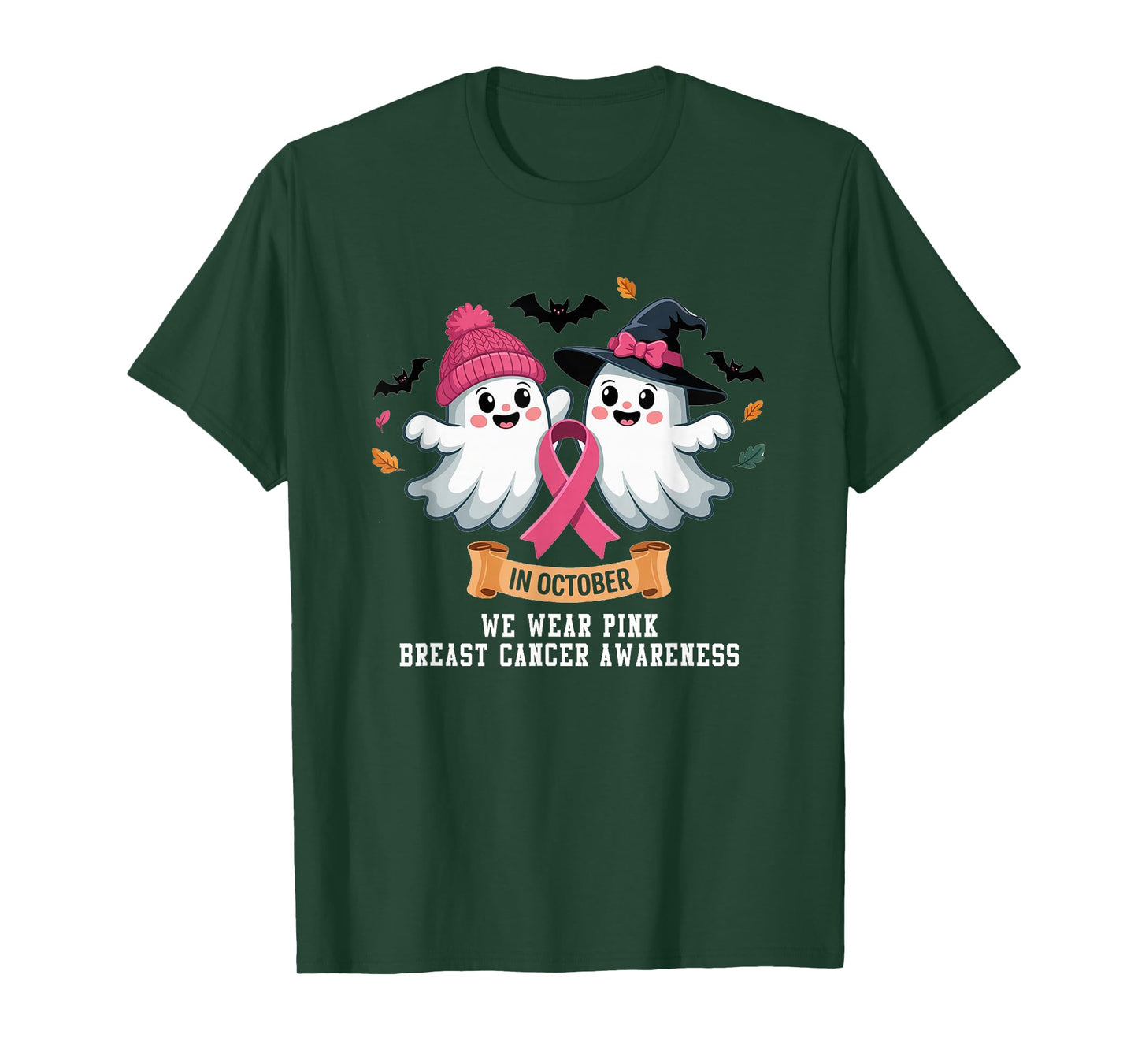 in October We Wear Pink Ghost Witch Breast Cancer Awareness T-Shirt
