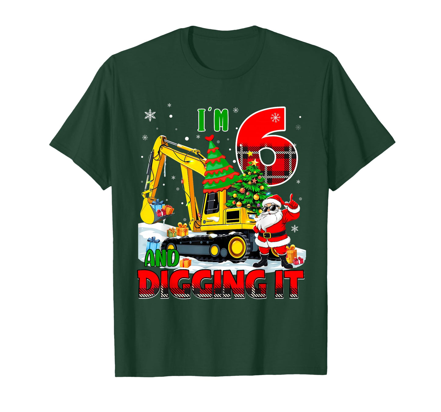 I'm 6 Construction 6th Birthday Kid Boy Xmas Excavator Santa T-Shirt