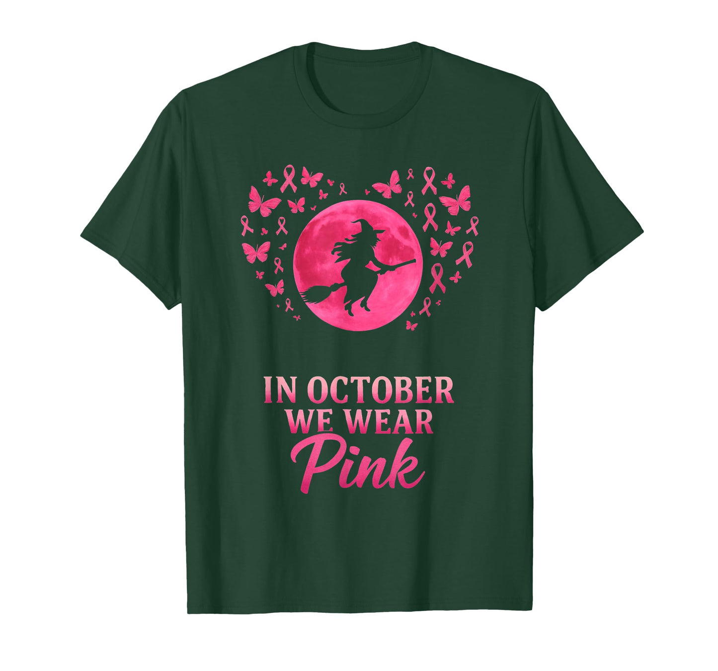 in October We Wear Pink Flying Witch Breast Cancer Support T-Shirt