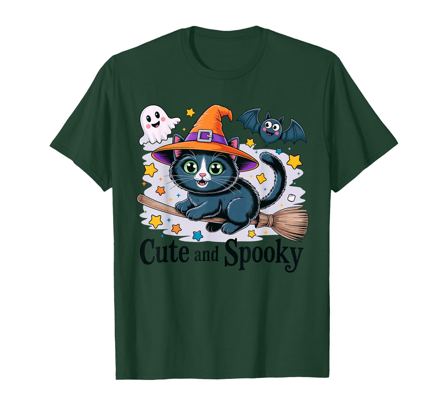 Adorable Halloween Witch Cat On Broom with Spooky Ghost T-Shirt