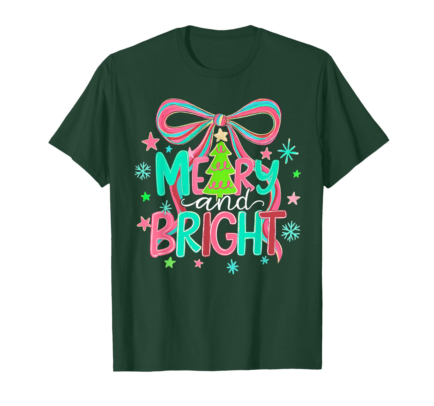 Merry and Bright Coquette Bow Christmas Snowflake Holiday T-Shirt