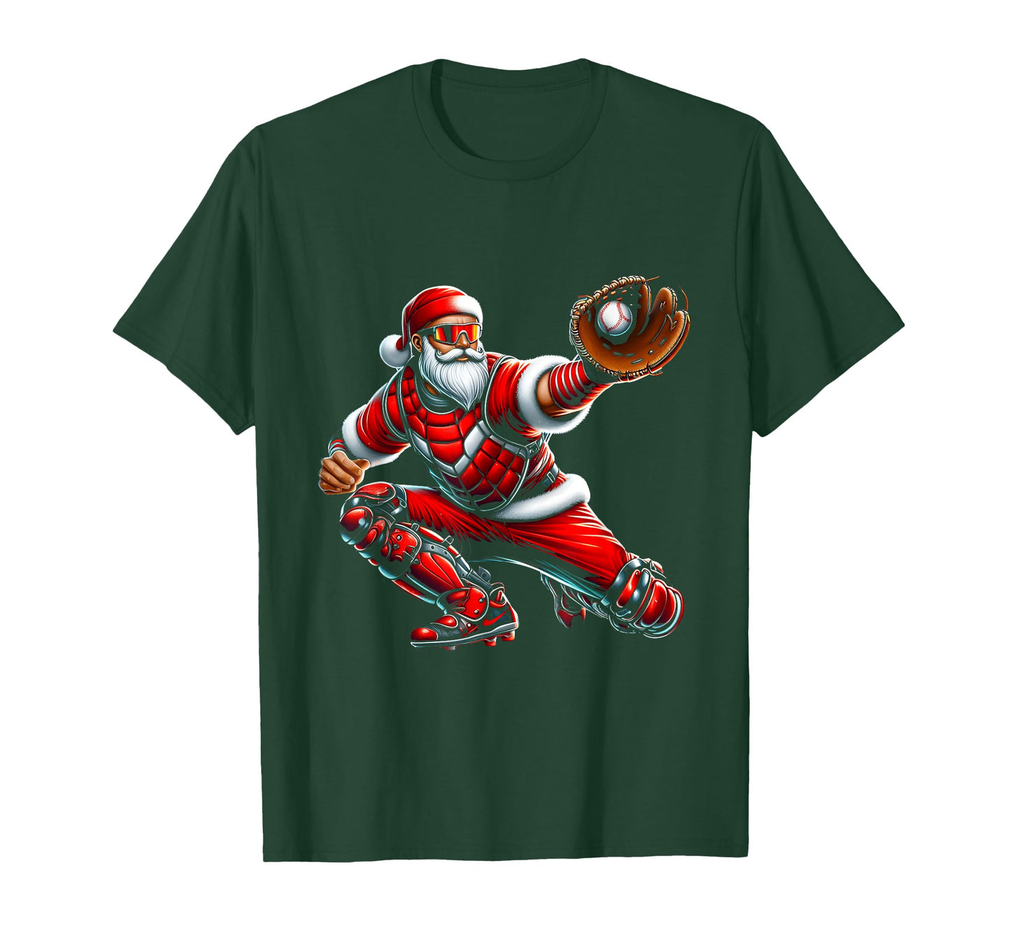 Santa Playing Baseball Catcher Merry Christmas Sport Player T-Shirt