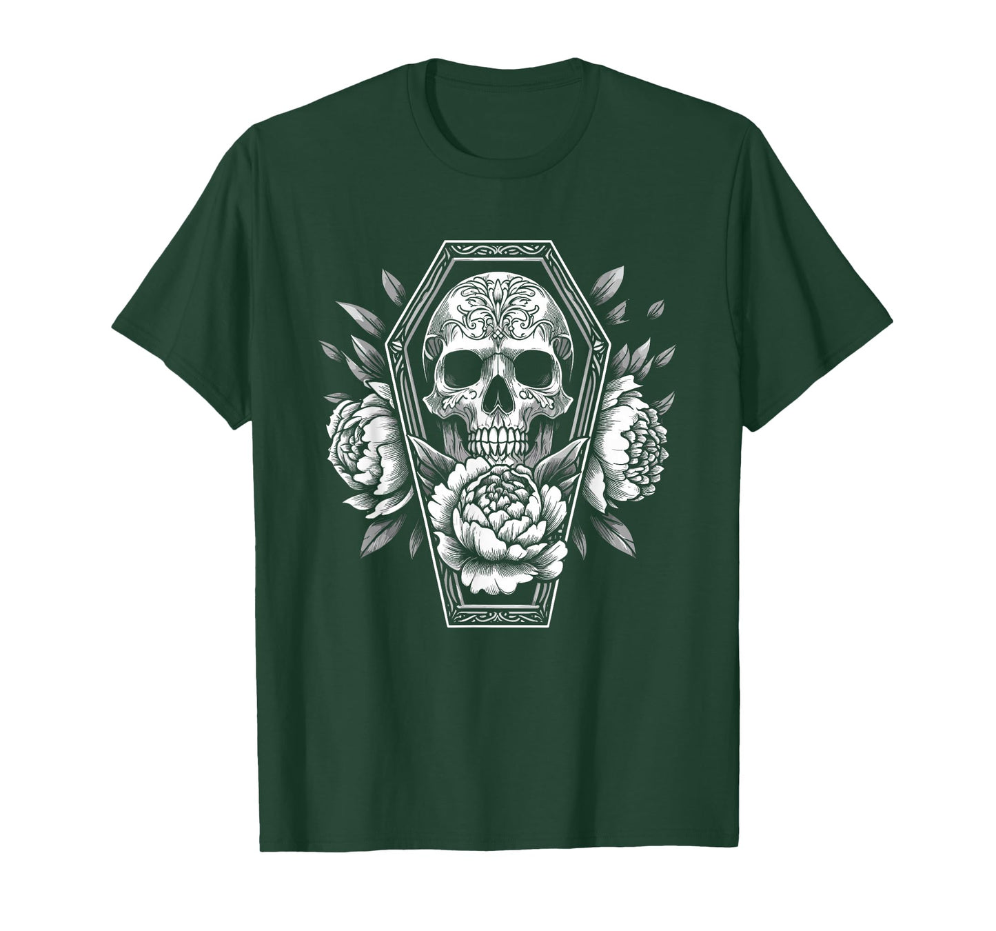 Goth Skull and Roses in Coffin Halloween Spooky Occult Pagan T-Shirt