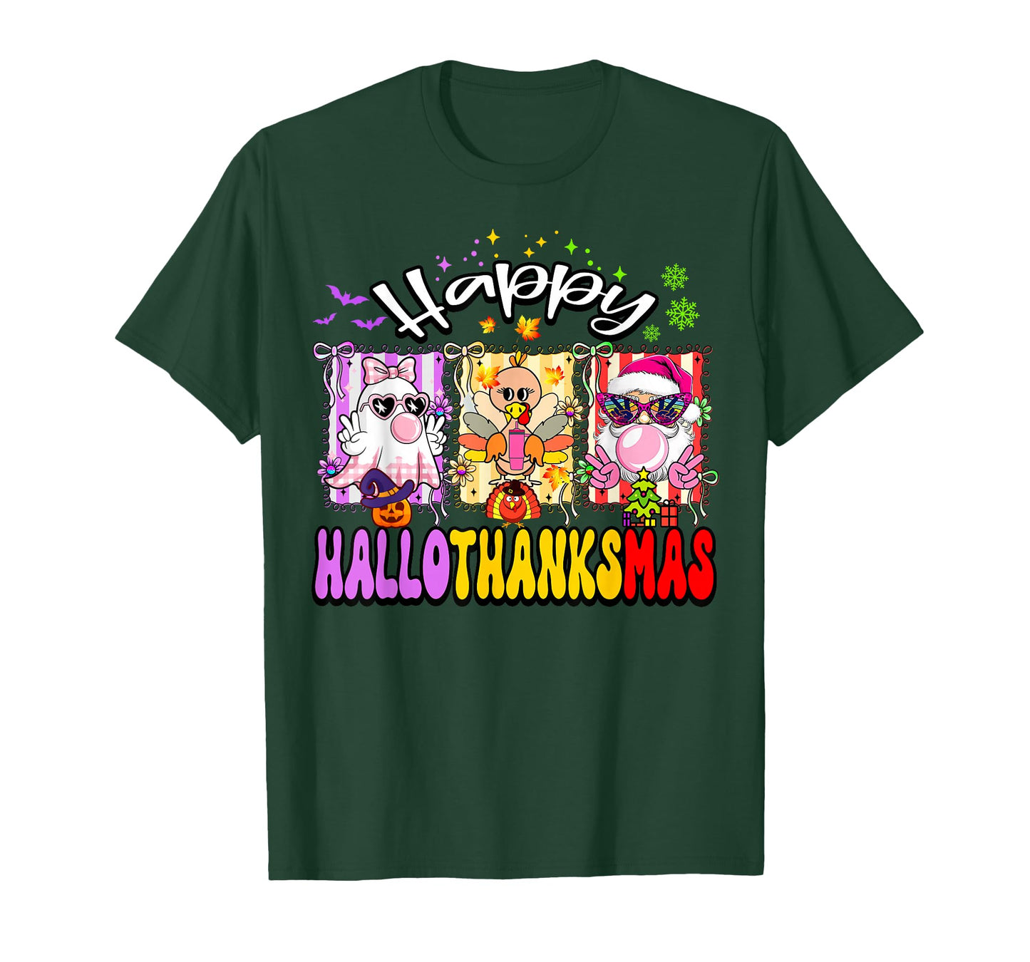 Hallothanksmas Coquette Bowbubble Blowing Ghost Turkey Santa T-Shirt