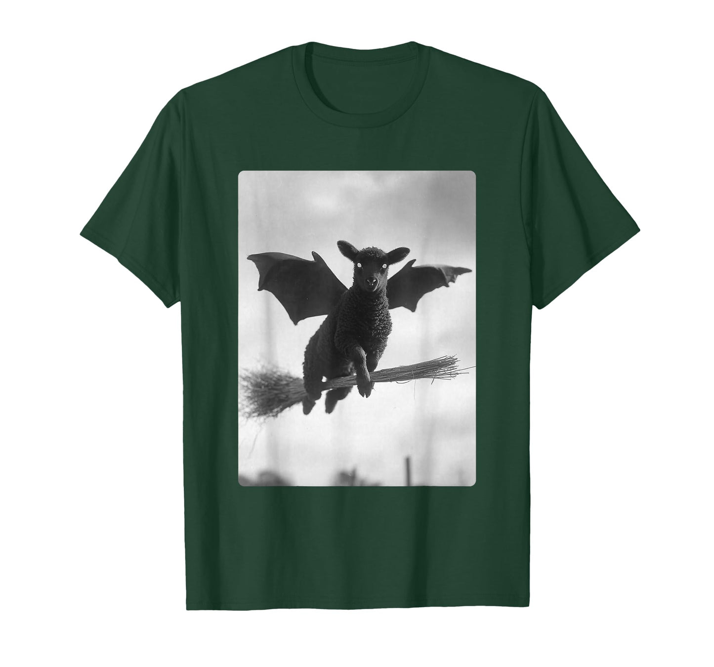 Gothic Sheep Flying Witch Broom Bat Wings Spooky Halloween T-Shirt