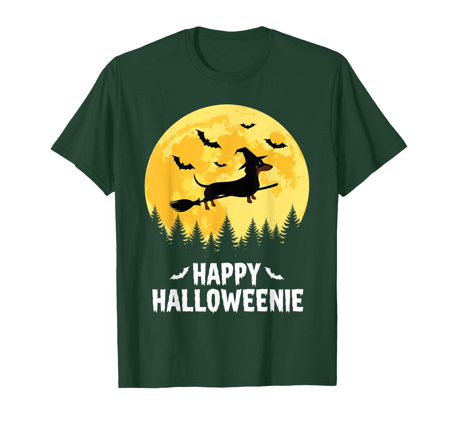 Happy Halloweenie Funny Halloween Dachshund Flying Witch T-Shirt