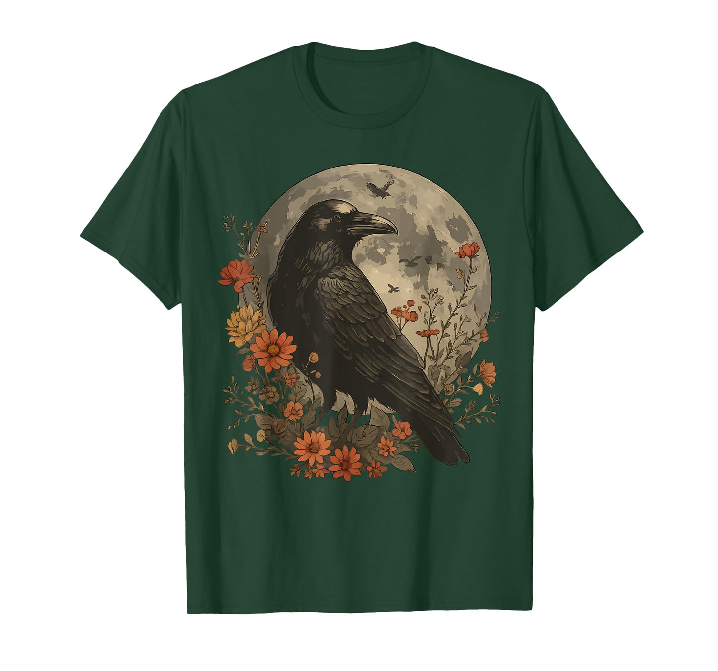Mystic Raven Full Moon Gothic Crow Bird Floral Dark Nature T-Shirt