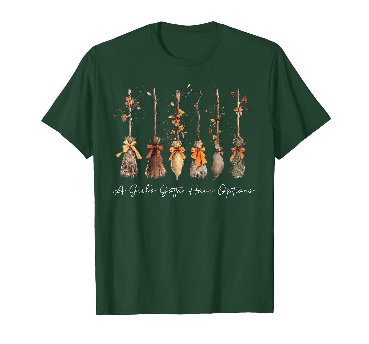 A Girl Gotta Have Options Halloween Witches Bow Floral Broom T-Shirt