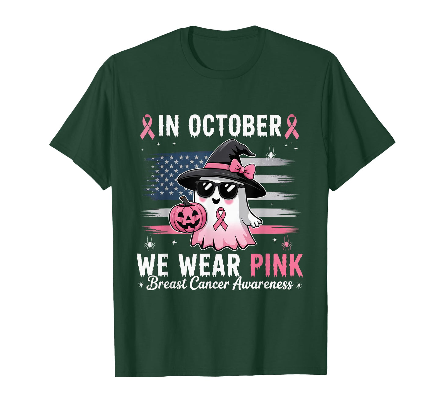 in October We Wear Pink Ghost Witch Breast Cancer Awareness T-Shirt