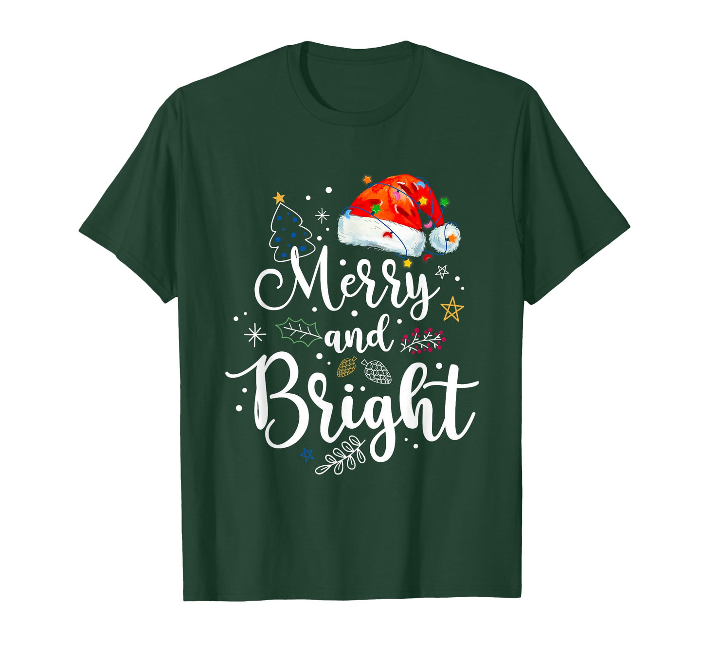 Merry and Bright Christmas Lights Santa Hat Xmas Men Women T-Shirt