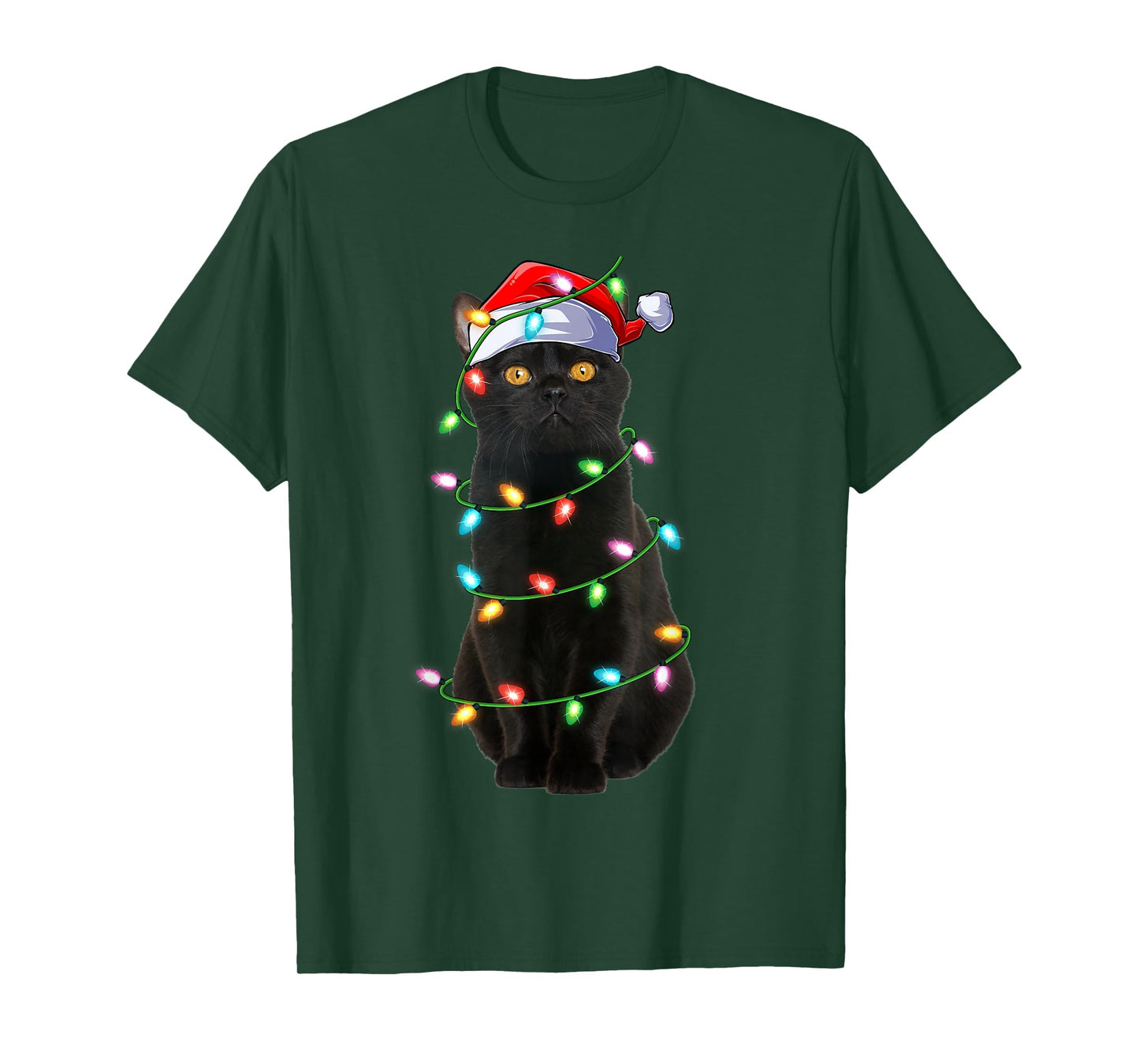 Black Cat Christmas Lights Funny Santa Hat Cat Xmas T-Shirt