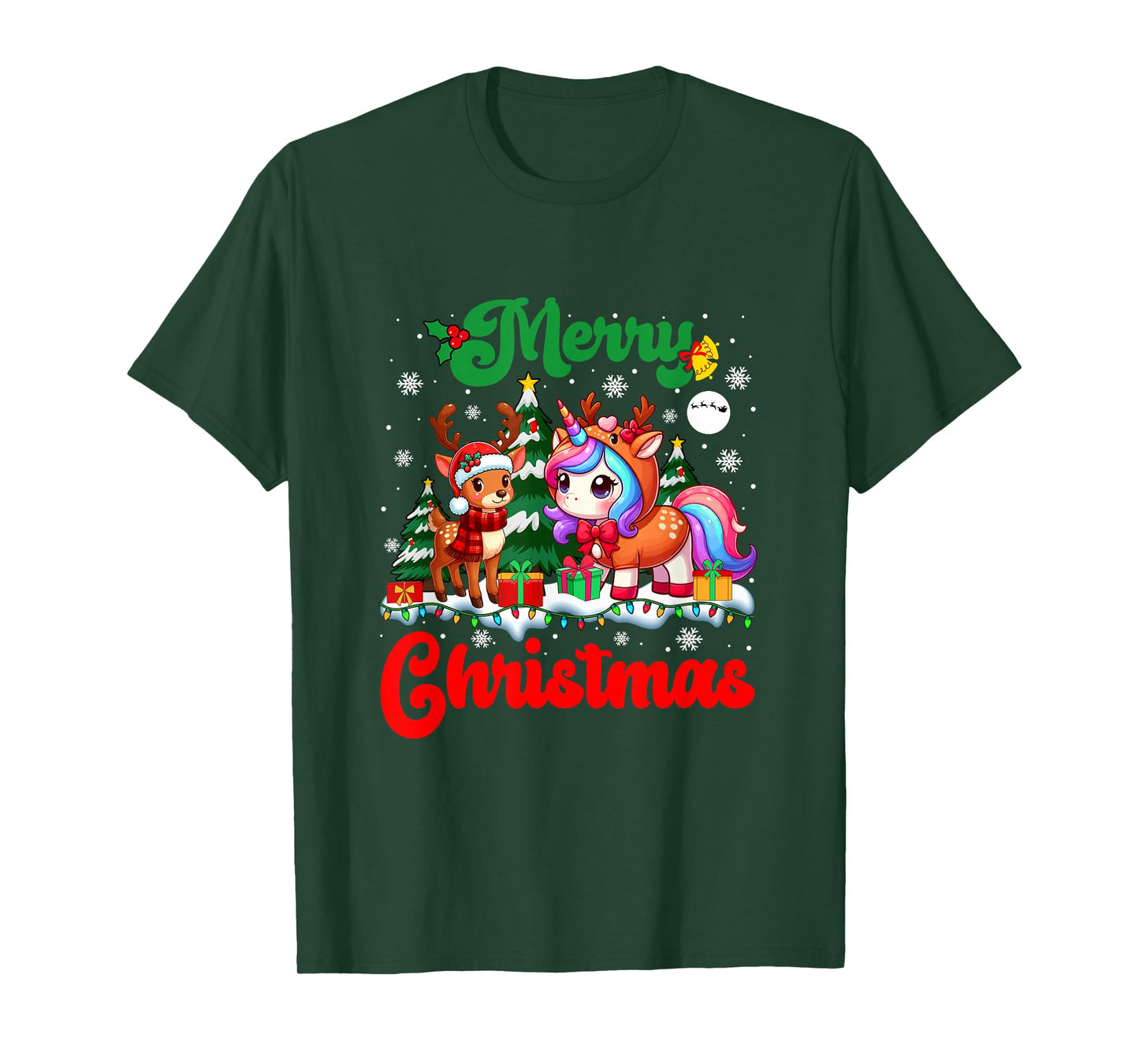 Merry Christmas Reindeer Unicorn Colorful Lights Xmas Tree T-Shirt