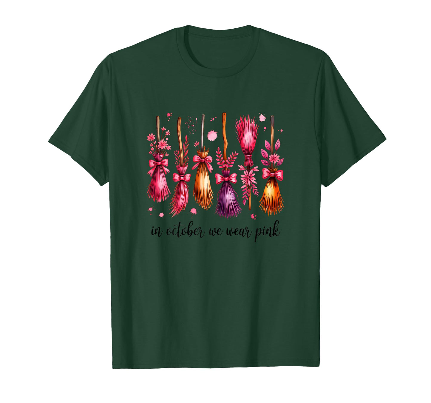 in October We Wear Pink Witches Brooms Spooky Breast Cancer T-Shirt