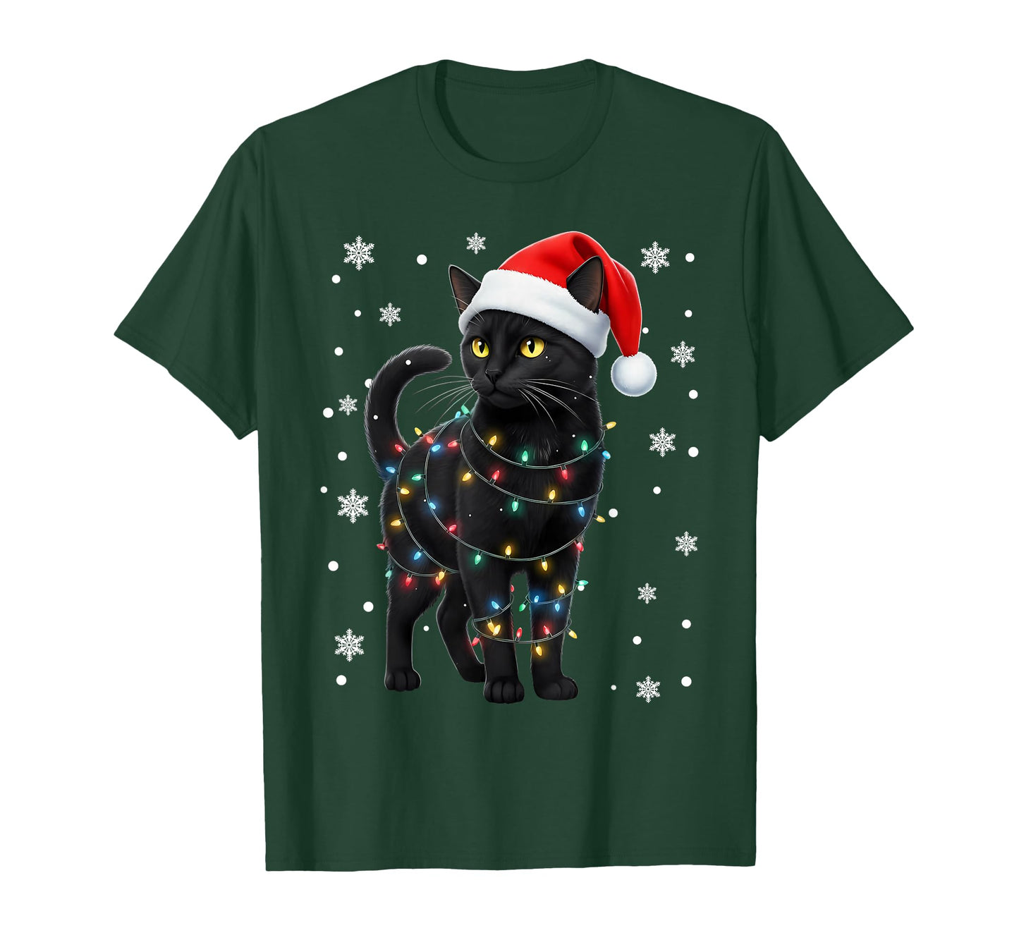 Black Cat Christmas Lights Santa Hat Holiday T-Shirt