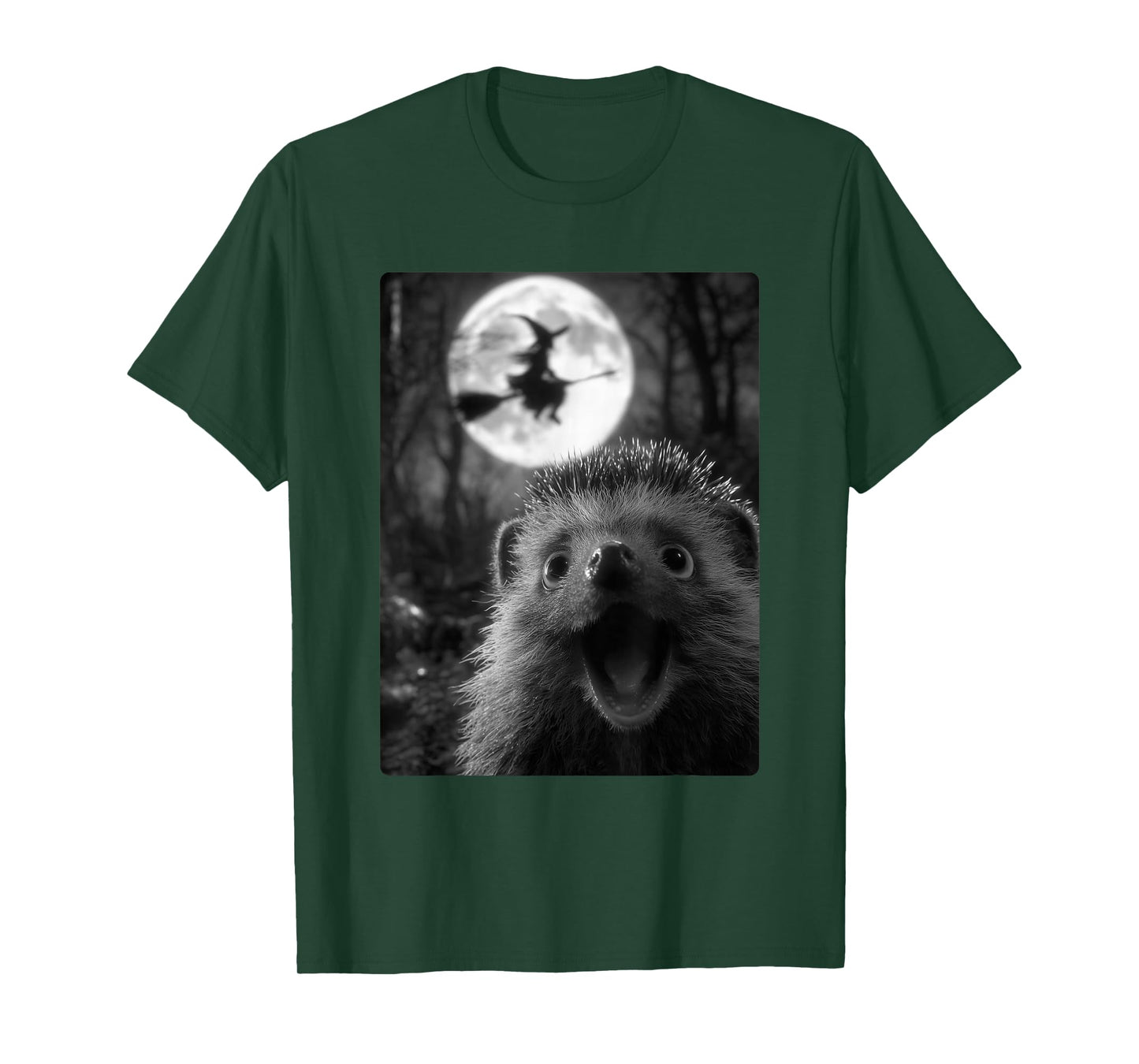 Funny Hedgehog Selfie with Full Moon Flying Witch Halloween T-Shirt