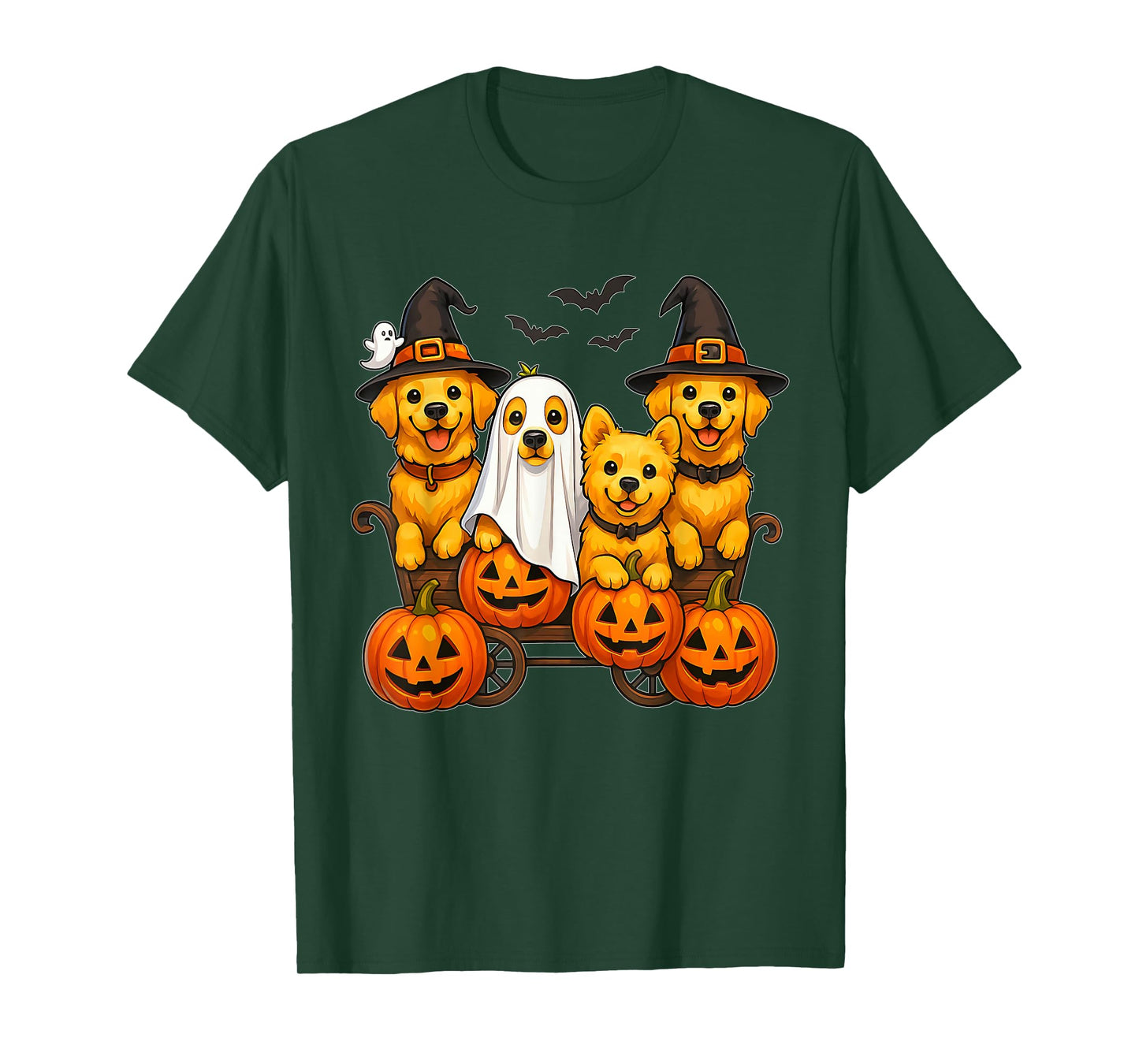 Halloween Retriever Dogs Ghost Witch Pumpkins Wooden Wagon T-Shirt