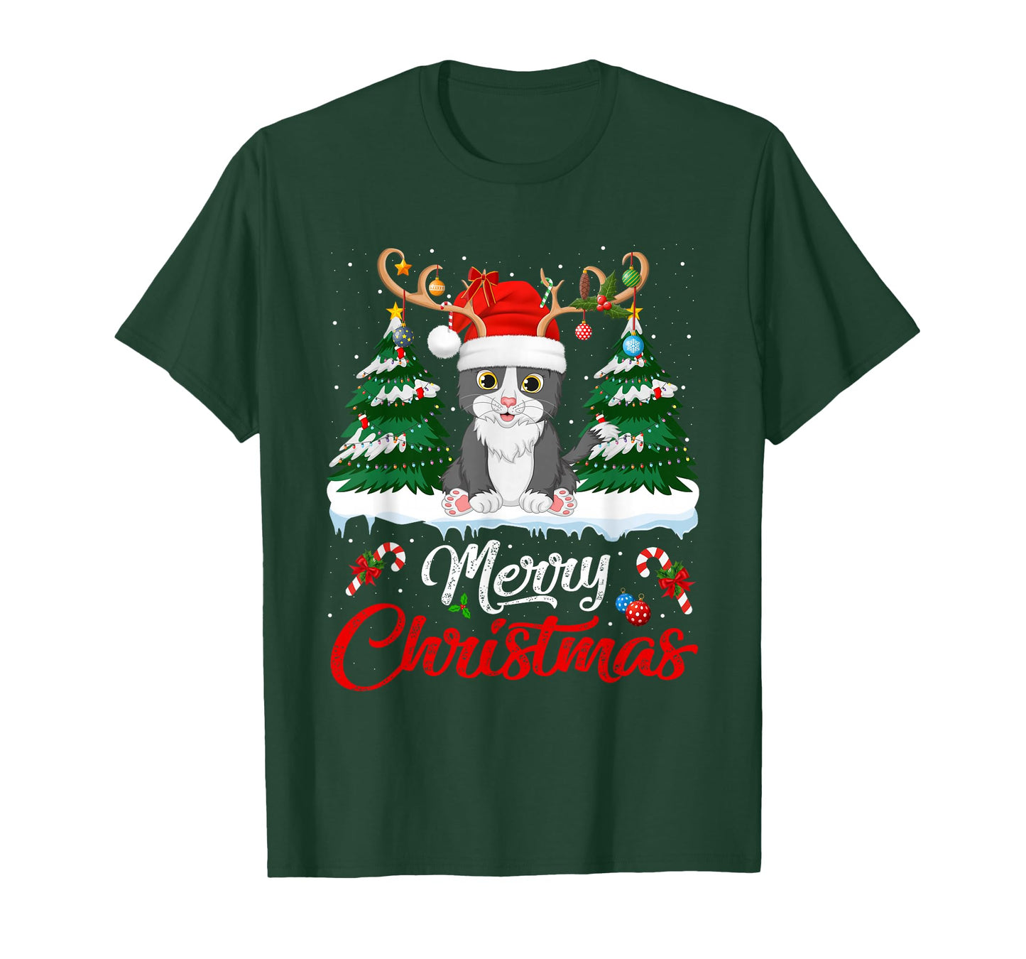 Cat Christmas Tree Lights Reindeer Santa Hat Funny Cat Xmas T-Shirt