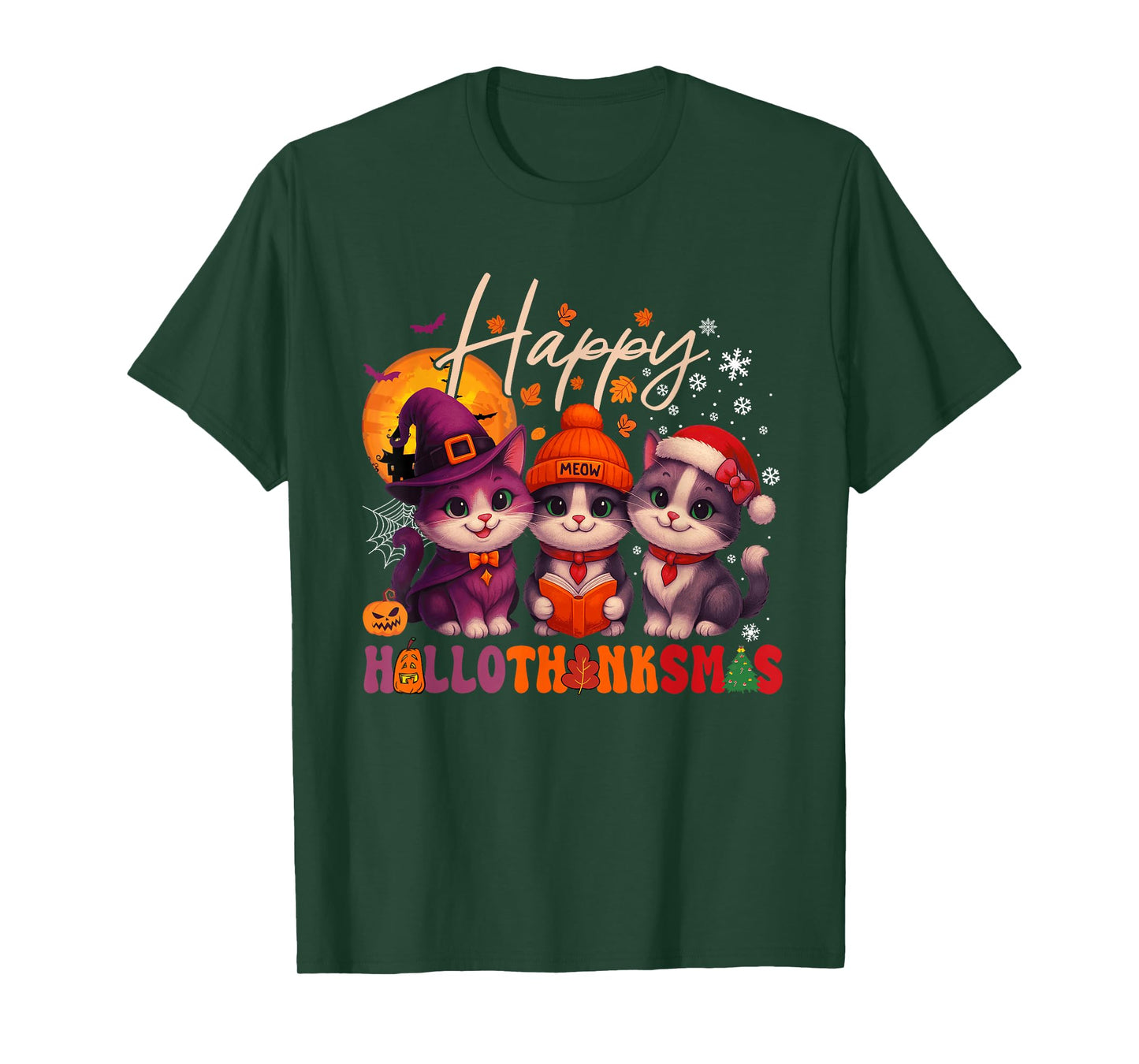 Happy HalloThanksMas Cats Halloween Thanksgiving Christmas T-Shirt