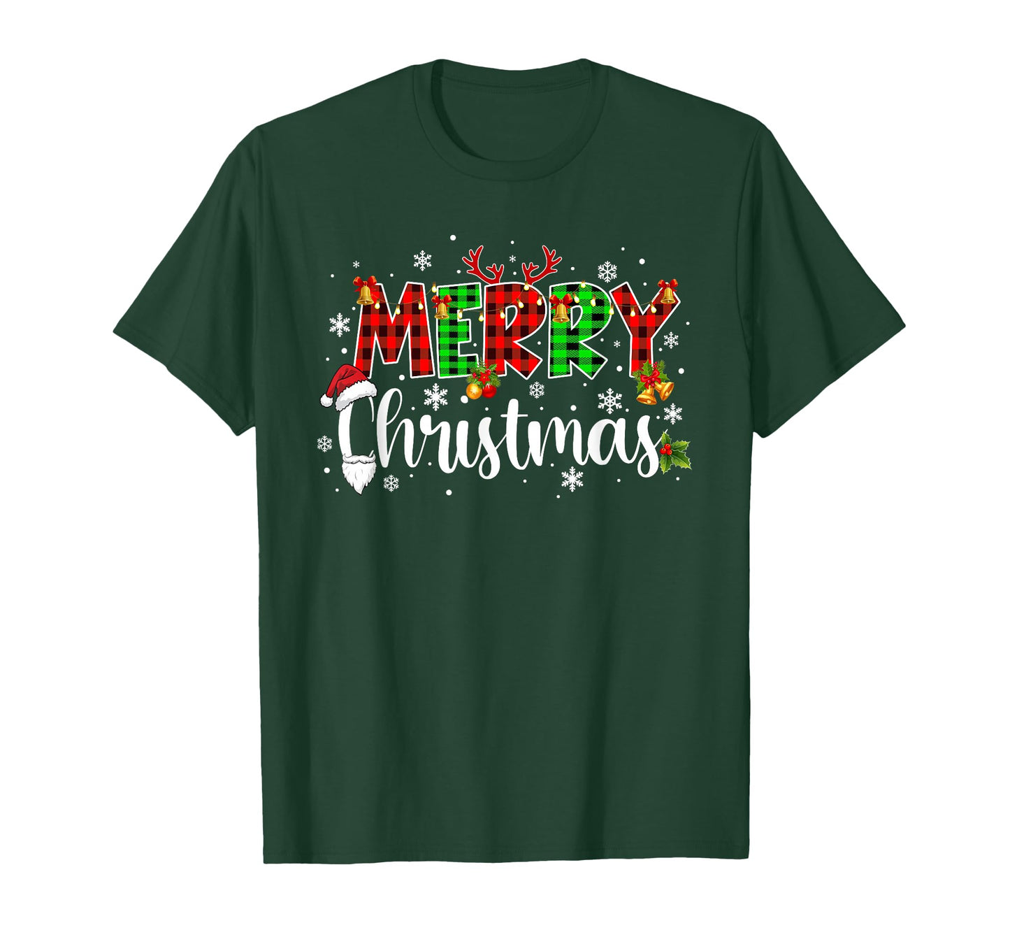 Merry Christmas Lights Santa Hat Plaid Red White Green Xmas T-Shirt