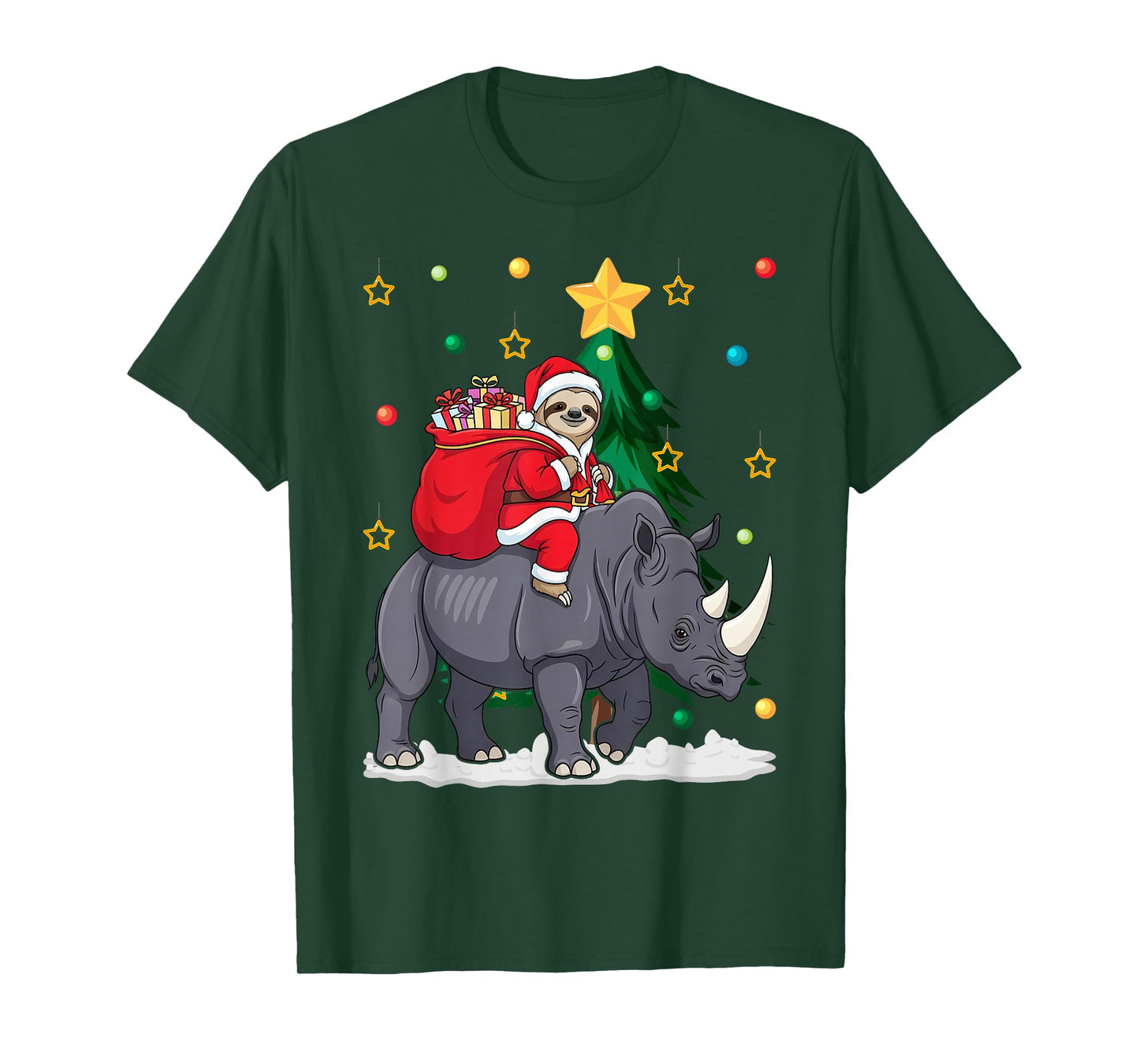 Sloth Riding Rhino Christmas Pajama Cute Animal Santa T-Shirt