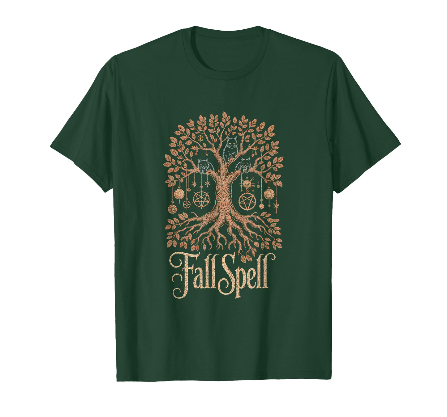 Fall Spell Tree Cats Pentagram Witchy Autumn Fall Halloween T-Shirt