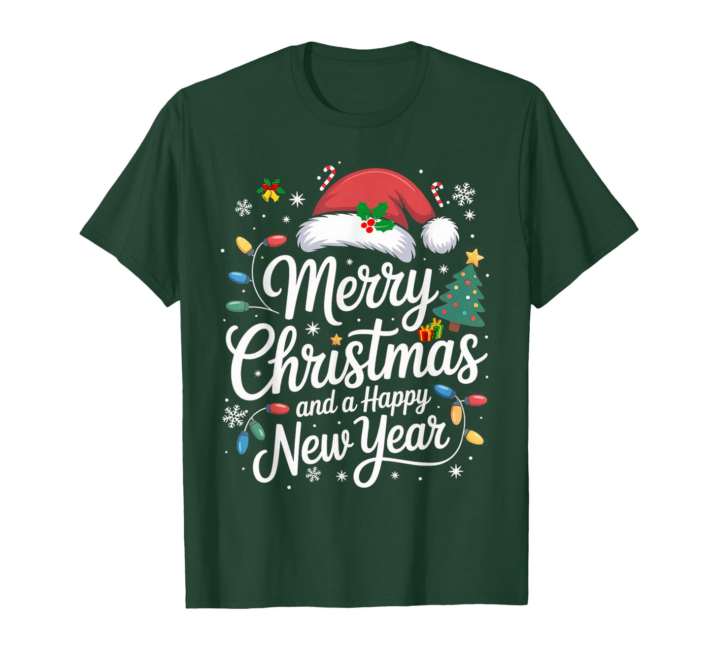 Merry Christmas Lights Red Santa Hat and Happy New Year T-Shirt