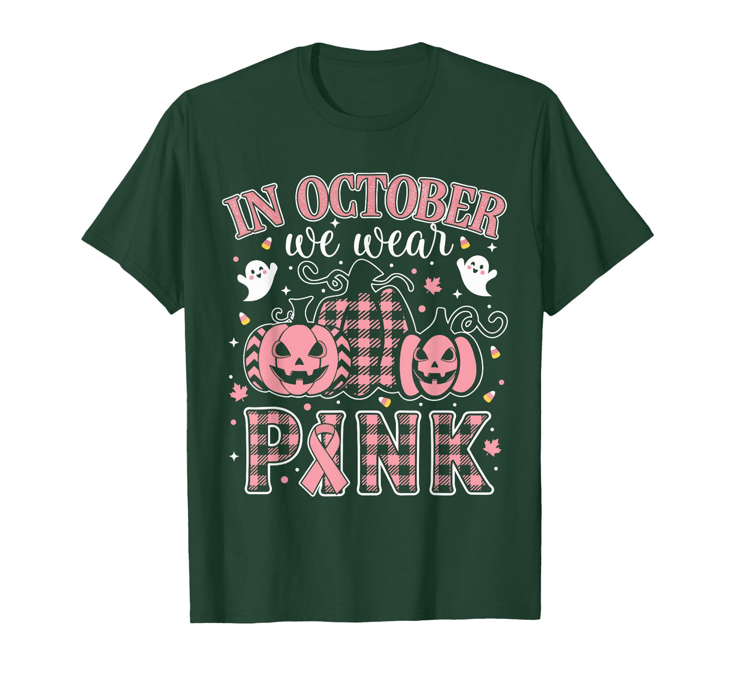 in October We Wear Pink Cute Ribbon with Pumpkin Ghost Art T-Shirt