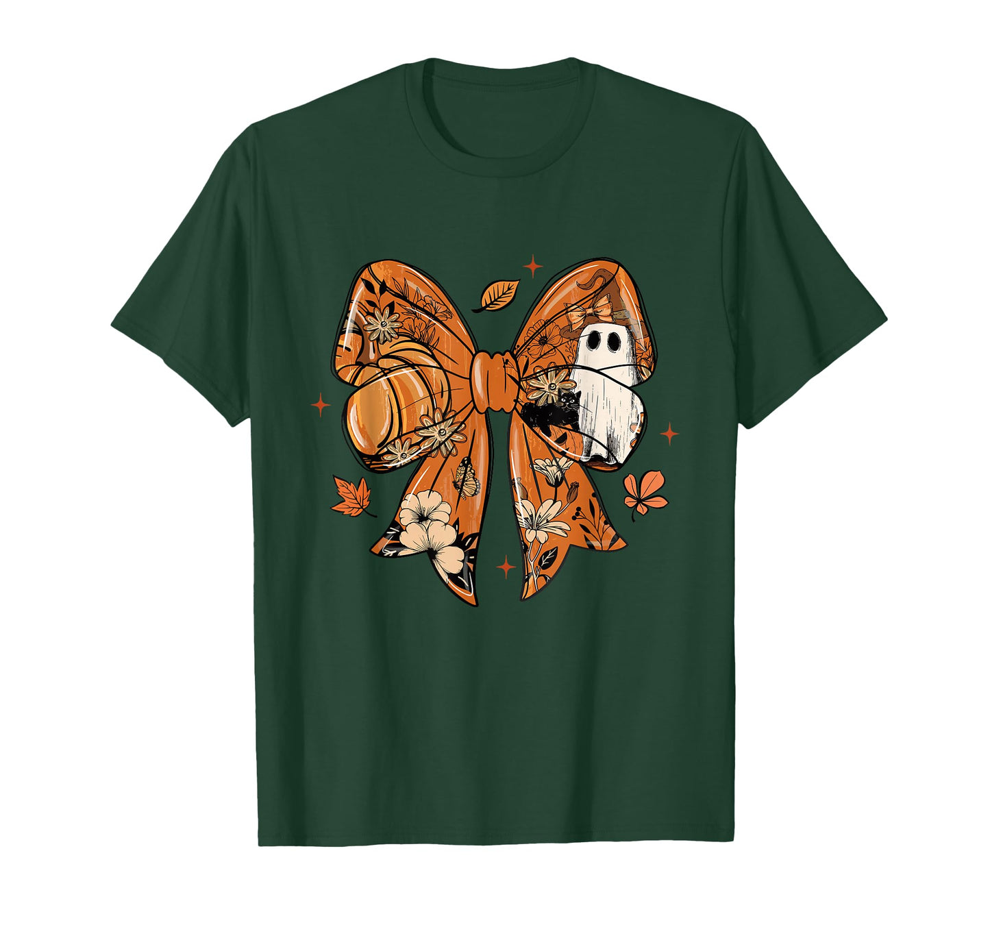 Coquette Floral Ghost Halloween Black Cat Ghost Autum Fall T-Shirt