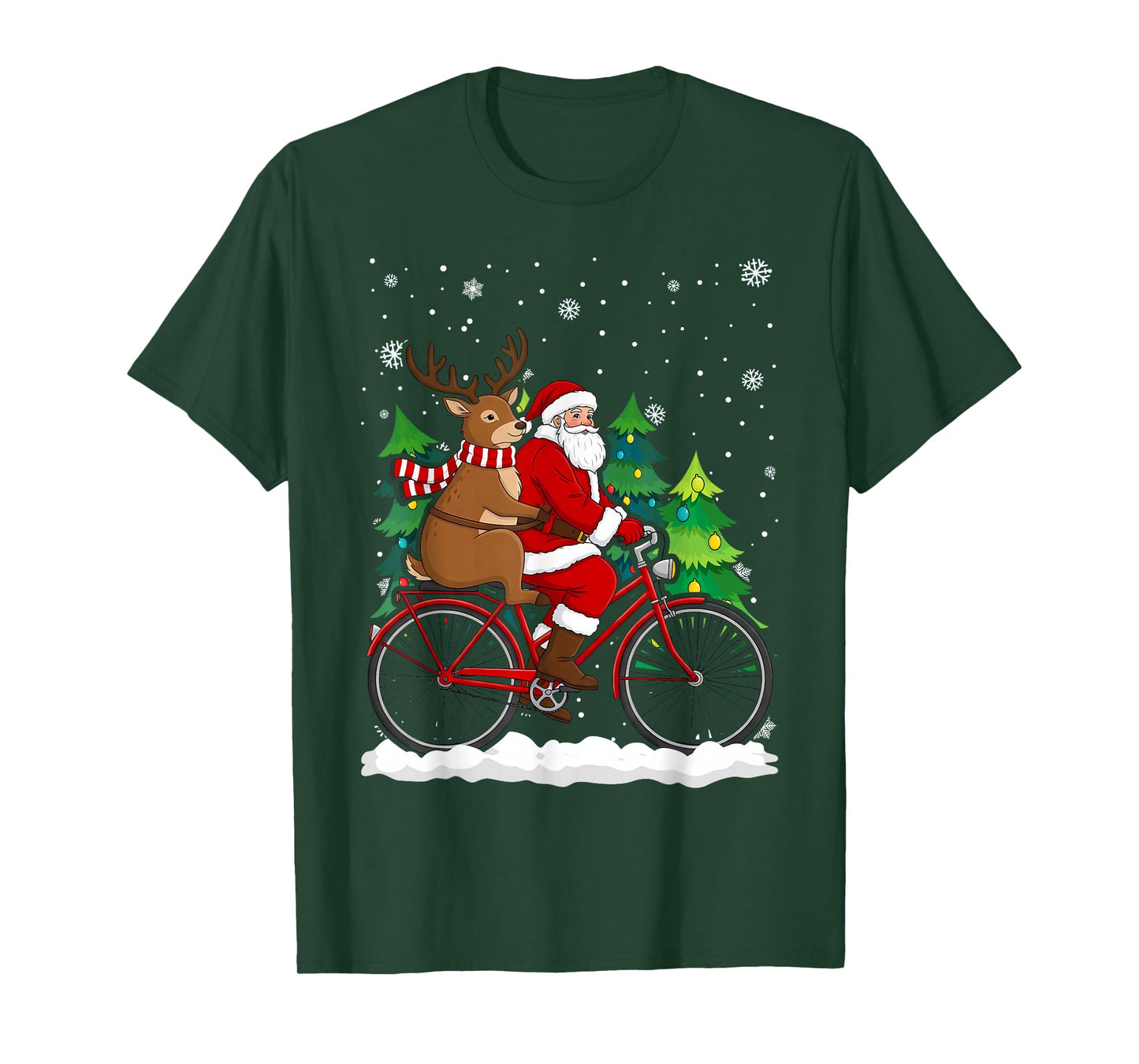 Santa and Reindeer Riding Bicycle Christmas T-Shirt