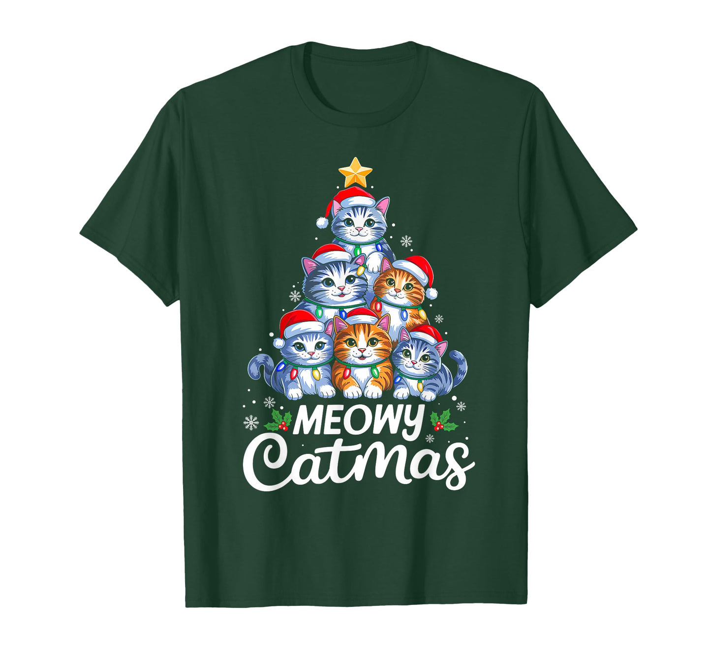 Meowy Catmas Christmas Tree Lights Cat Kitten Santa Hat Xmas T-Shirt
