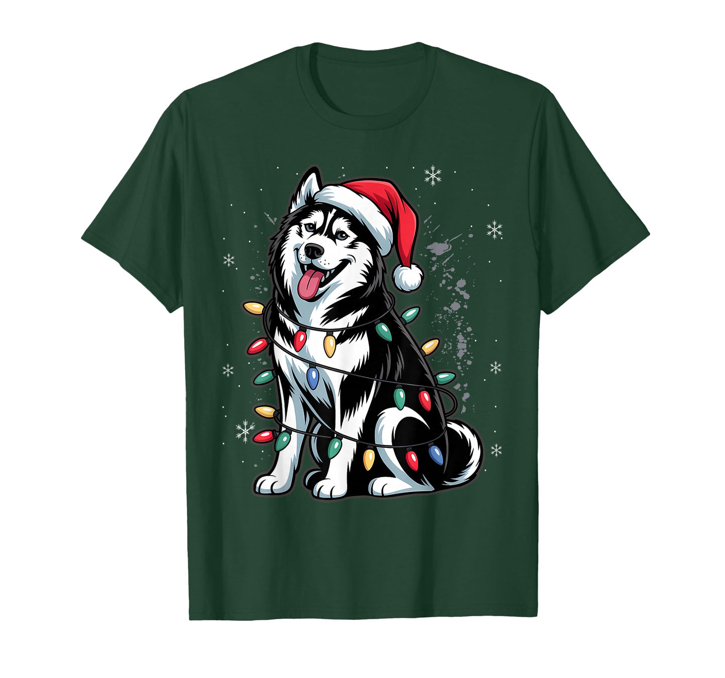 Siberian Husky Santa Christmas Tree Lights Xmas Boys Dog T-Shirt