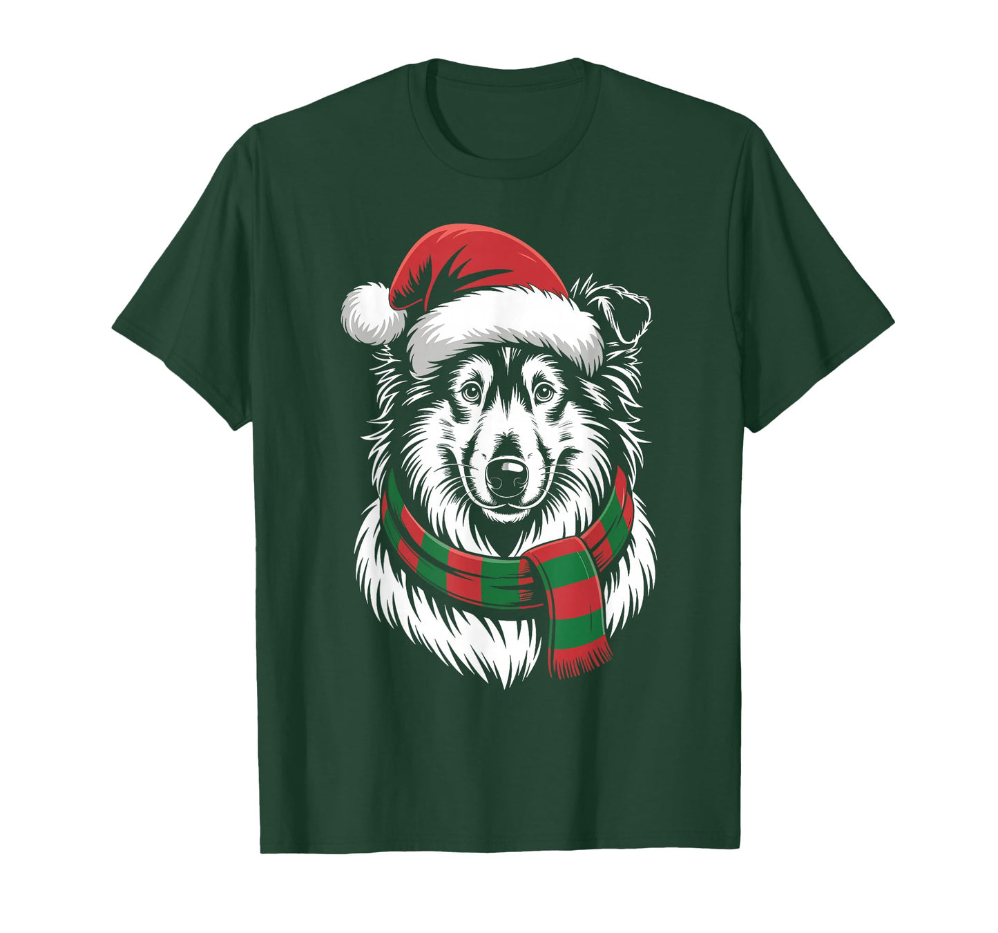 Rough Collie Dog Xmas Santa Hat Scarf Christmas Costume T-Shirt