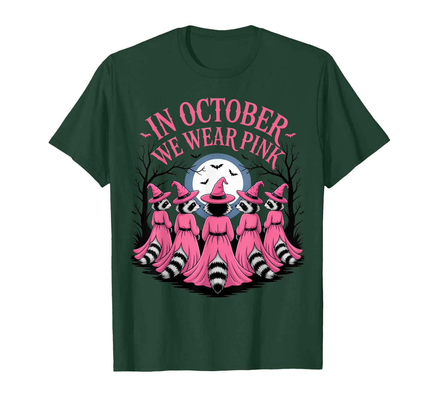 in October We Wear Pink Witch Raccoon Halloween Squad T-Shirt