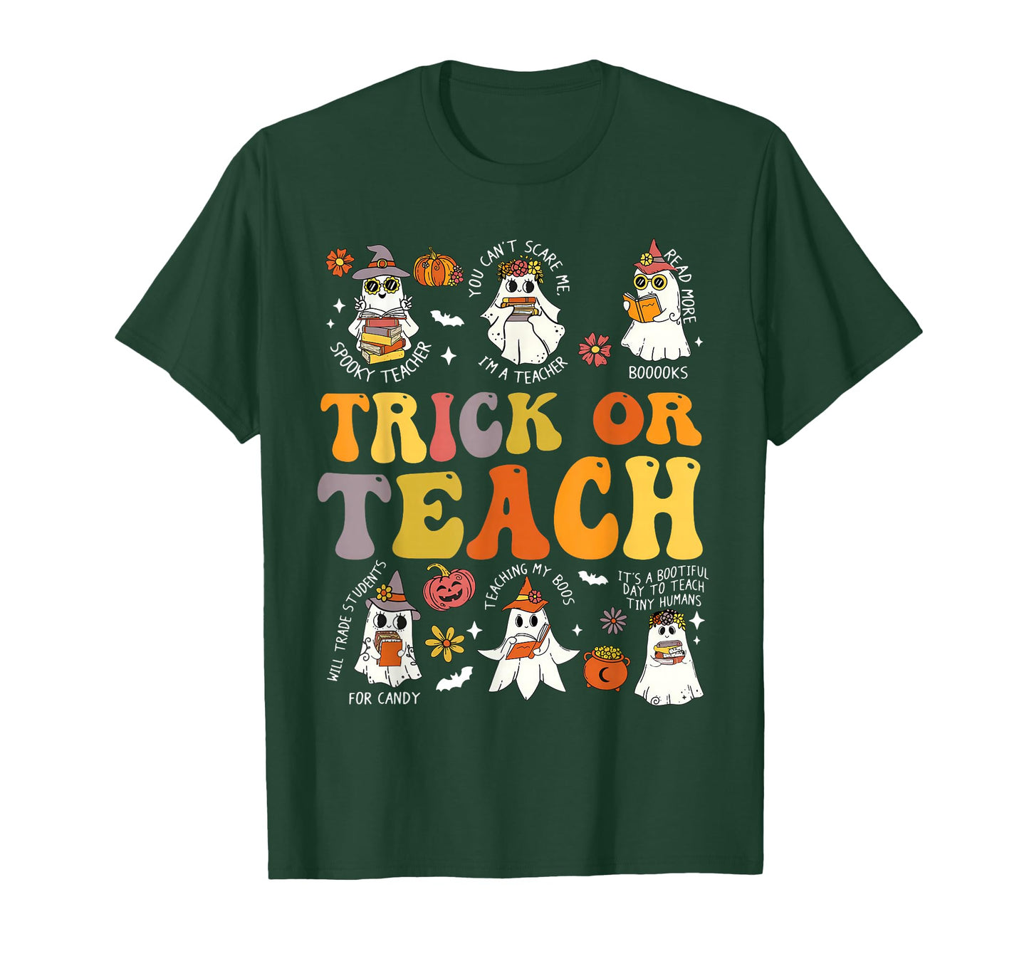 Trick Or Teach Groovy Teacher Halloween Retro Floral Ghost T-Shirt