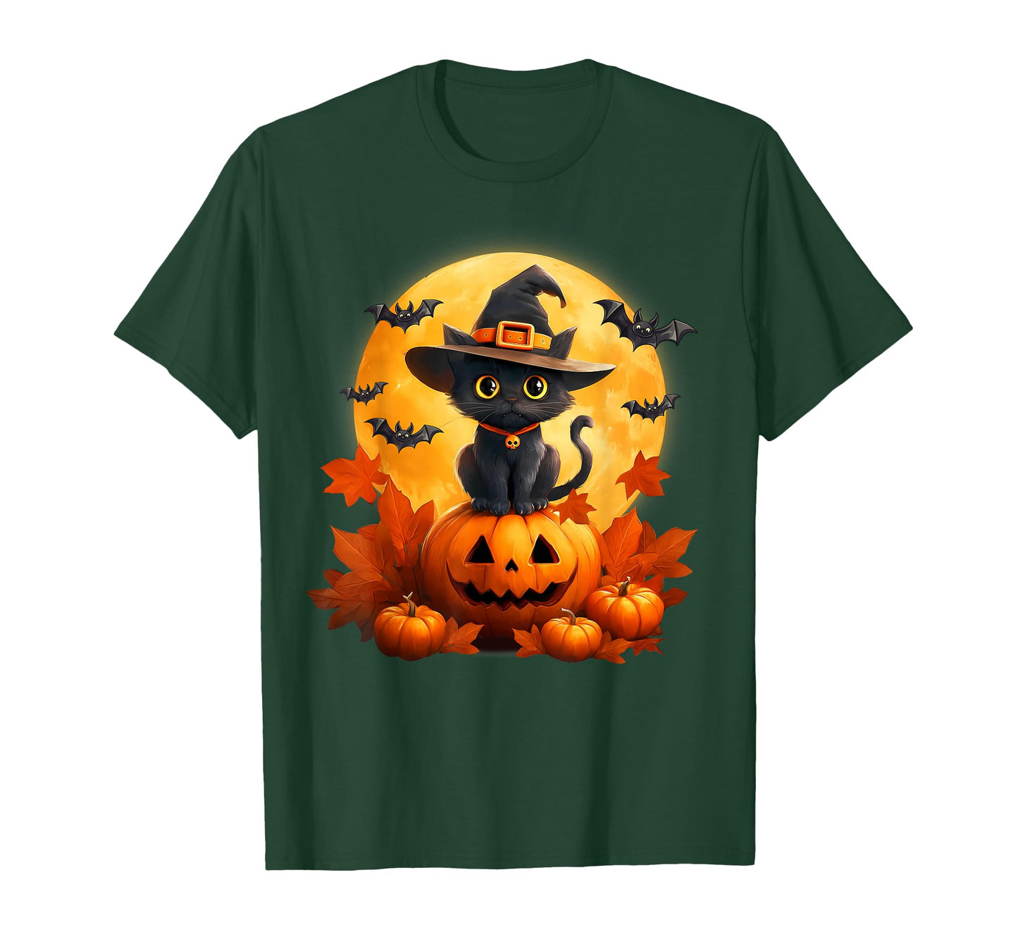 Spooky Halloween Moon Black Cat Witch Pumpkin Autumn Season T-Shirt