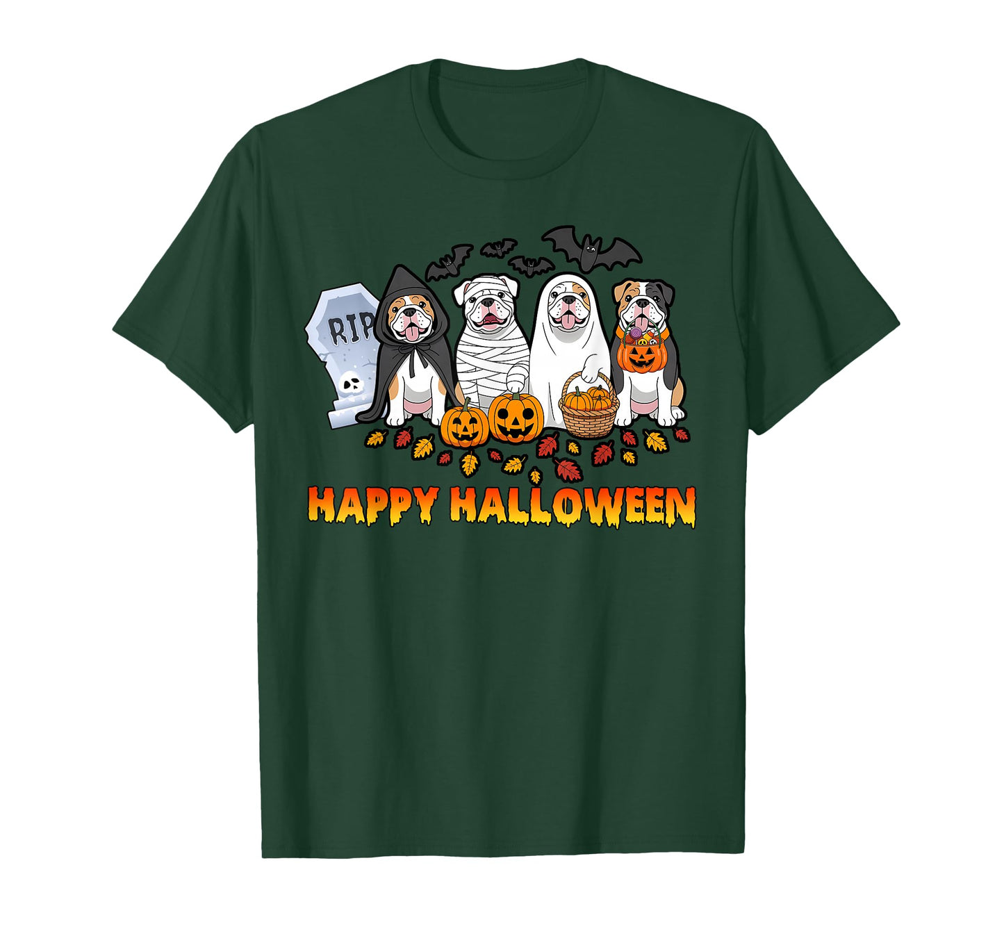 Ghost Witch Pumpkin Four English Bulldogs Lovers Halloween T-Shirt