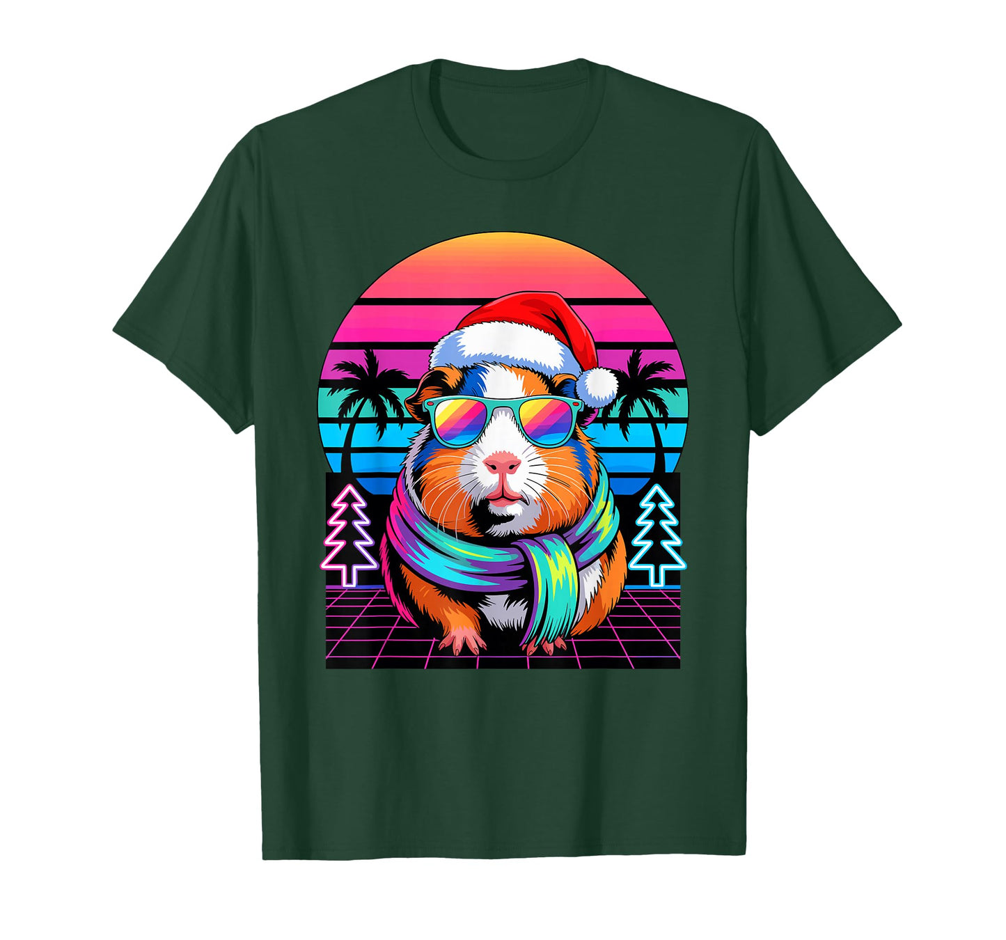 Christmas Synthwave Guinea Pig Sunglasses T-Shirt