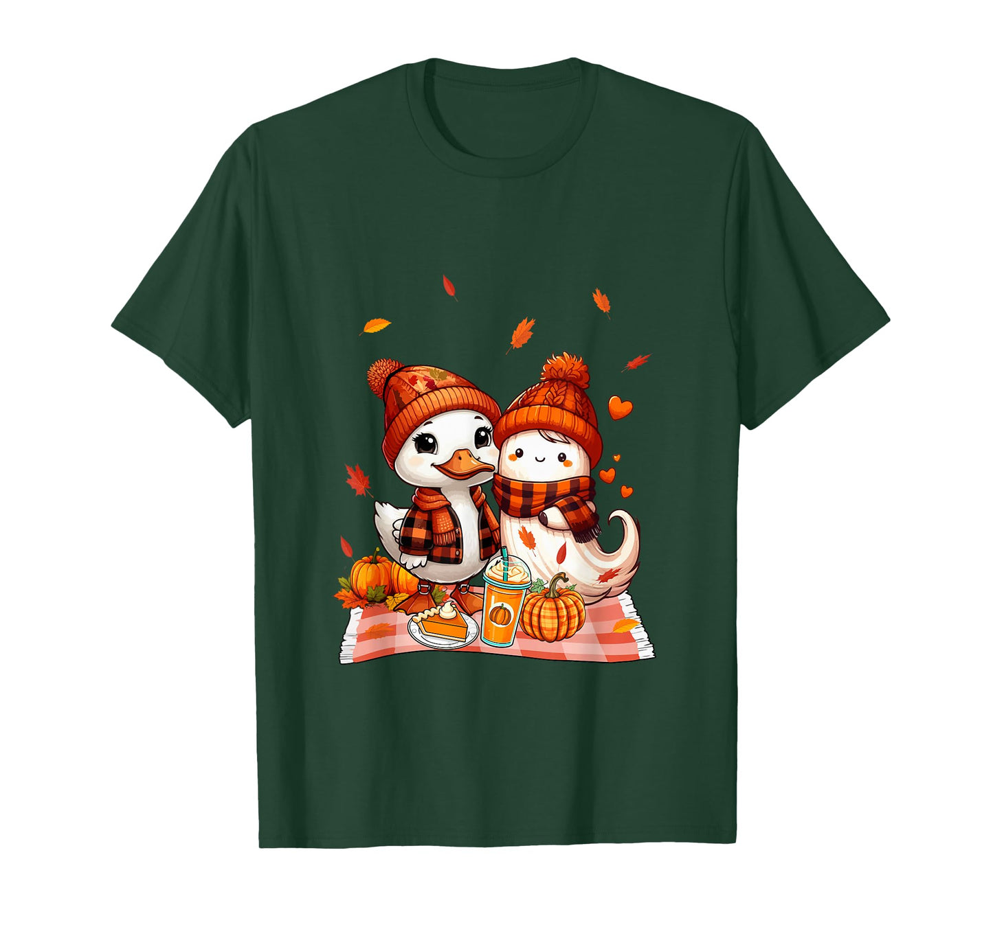 Duck with Boo Halloween Thanksgiving Fall Leaves Pumpkins T-Shirt