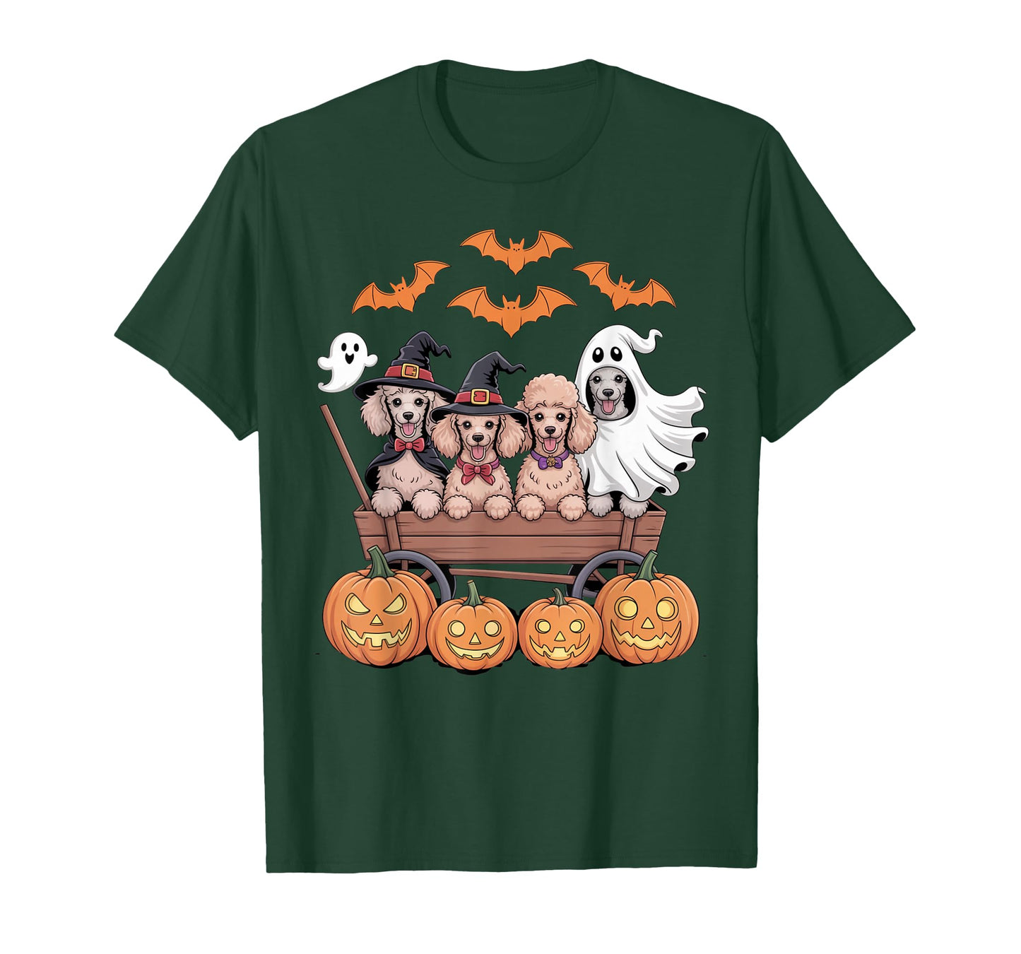 Poodle Halloween Wagon Witch Hats Ghost Bats Pumpkins Funny T-Shirt