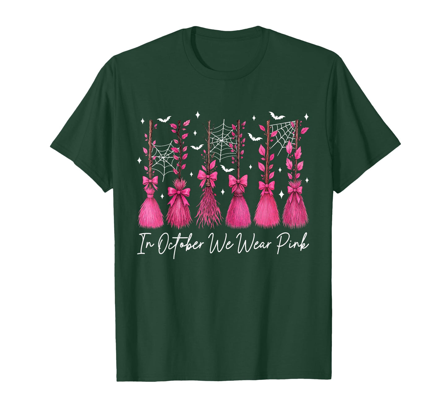 in October We Wear Pink Witch Broom Breast Cancer Halloween T-Shirt