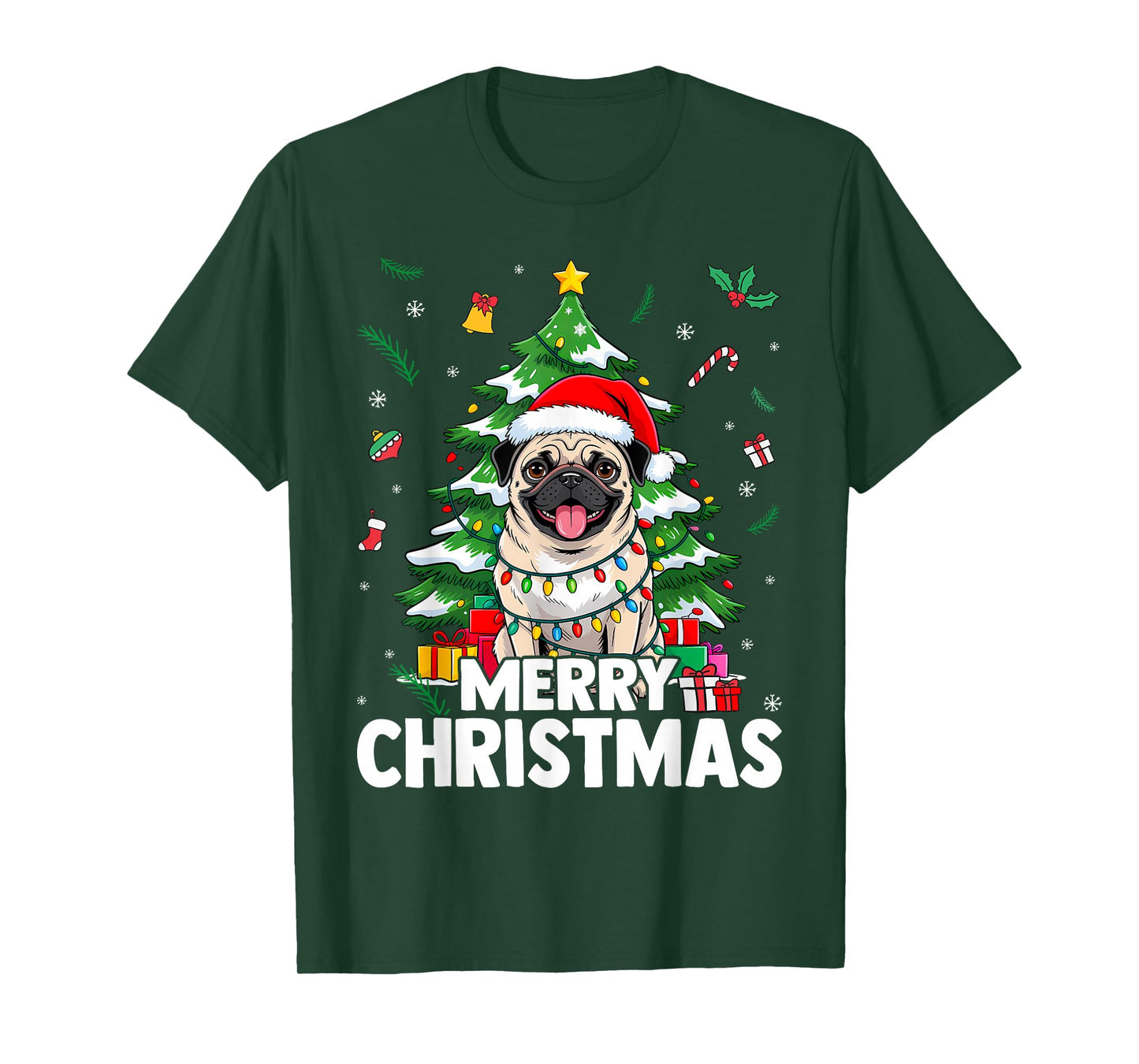 Merry Christmas Pug Cute Dog Holiday Lights and Santa Hat T-Shirt