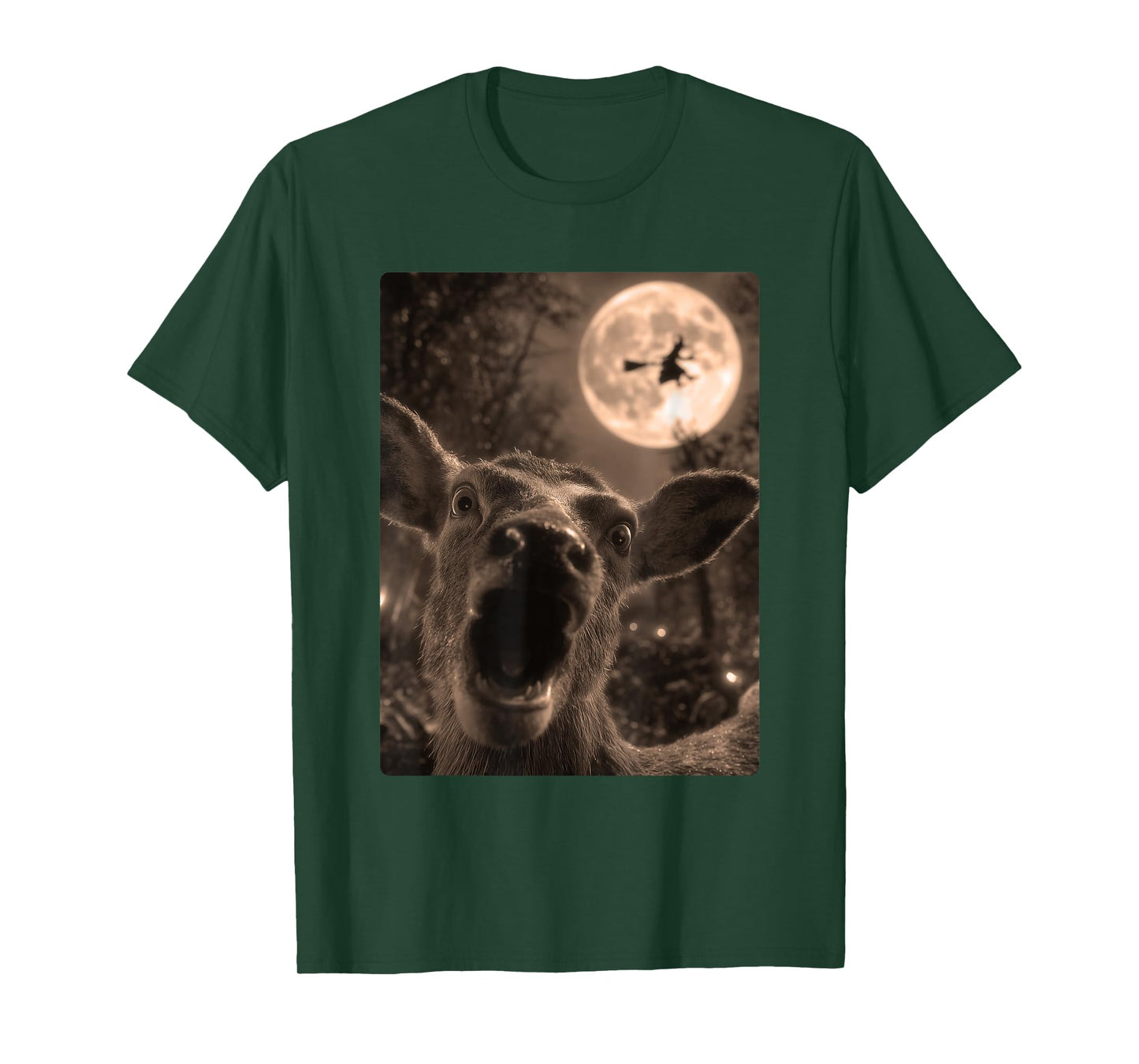 Funny Deer Selfie Full Moon Flying Witch Forest Halloween T-Shirt