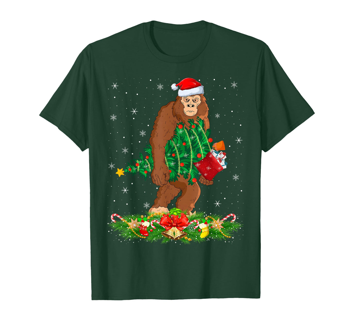 Bigfoot Christmas Tree Lights Santa Hat Funny Sasquatch Xmas T-Shirt