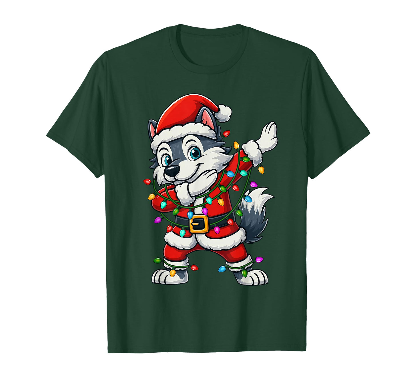Dabbing Wolf Lights Santa Xmas Girls Boys Kids Christmas T-Shirt
